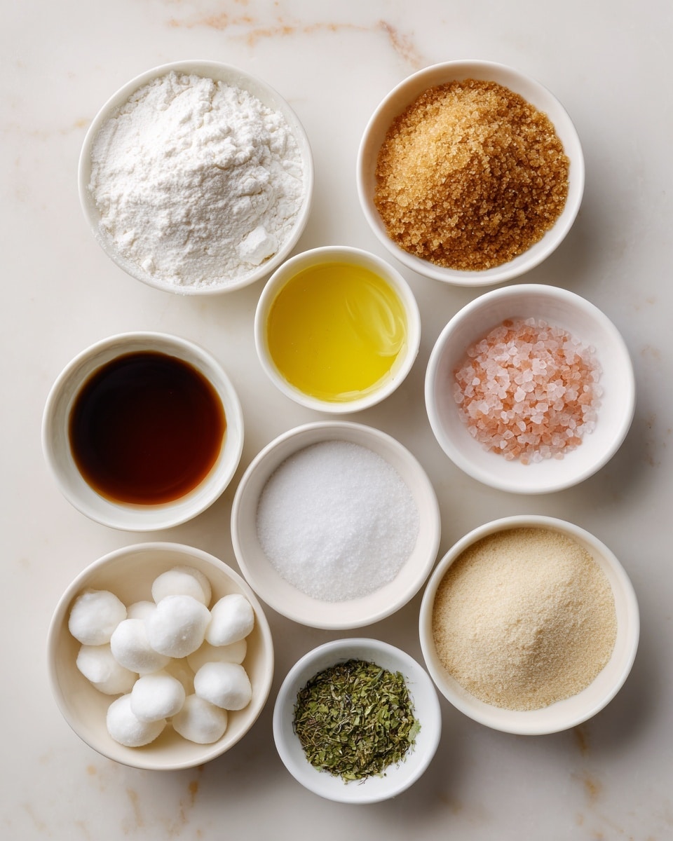 The image shows nine small white bowls arranged on a white marbled surface in a loose grid. The top row has two bowls: the left one is filled with white flour, and the right one holds brown sugar with a grainy texture. The middle row has four bowls: from left to right, the first bowl contains a dark brown liquid, the second has a yellow melted butter layer, the third contains coarse pink salt with small crystals, and the fourth has a white powder that looks like baking soda. The bottom row has three bowls: the left one has small white round pieces, the middle one contains chopped green herbs, and the right one has a light beige powder. The overall look shows all ingredients clearly separated, highlighting their color and texture. photo taken with an iphone --ar 4:5 --v 7