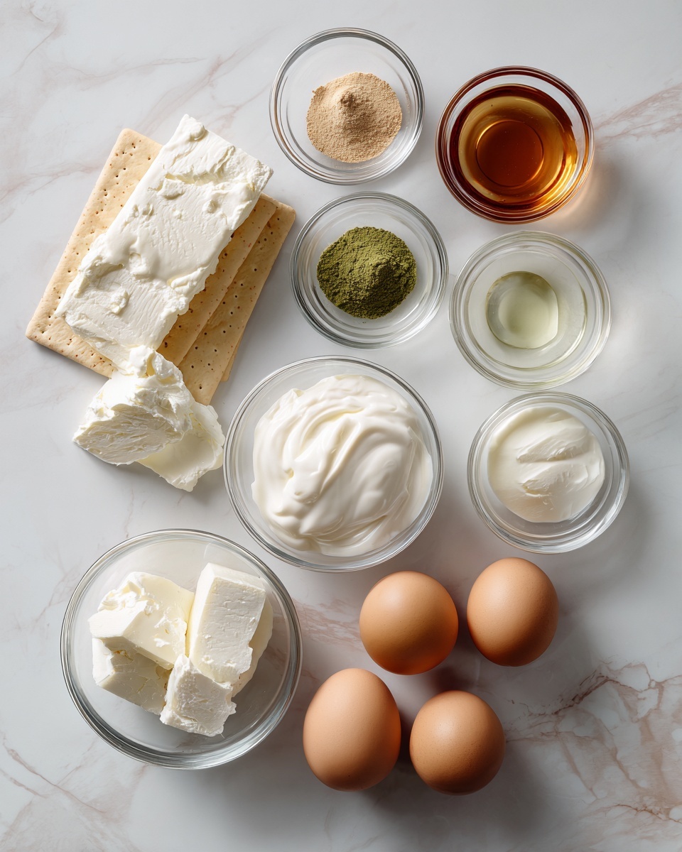 The image shows a clean white marbled surface with several clear glass bowls and items arranged neatly. In the bottom left is a bowl with two large pieces of white cream cheese, above it a bowl of thick white yogurt. To the right of the yogurt are four brown eggs placed in a line. Three more small glass bowls sit above the yogurt and eggs; one contains a light brown powder, another a green powder, and the last one a clear liquid. Above them is a small glass bowl with a dark amber liquid next to two rectangular beige crackers lying flat. The colors range from creamy white to soft brown and green on a bright white marbled background. Photo taken with an iphone --ar 4:5 --v 7