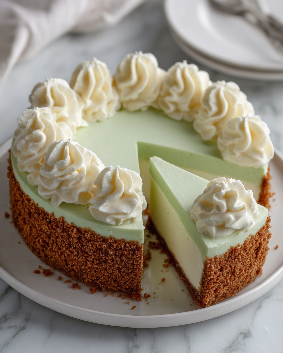 The image shows a close-up of a cheesecake with three layers on a white plate against a white marbled background. The bottom layer is a crumbly, light brown crust with a coarse texture. The middle layer is thick and creamy with a pale green color, smooth in texture. The top layer is a swirl of white whipped cream that forms a decorative border around the edge of the cheesecake. A slice is removed, revealing the clear separation of each layer. Photo taken with an iphone --ar 4:5 --v 7