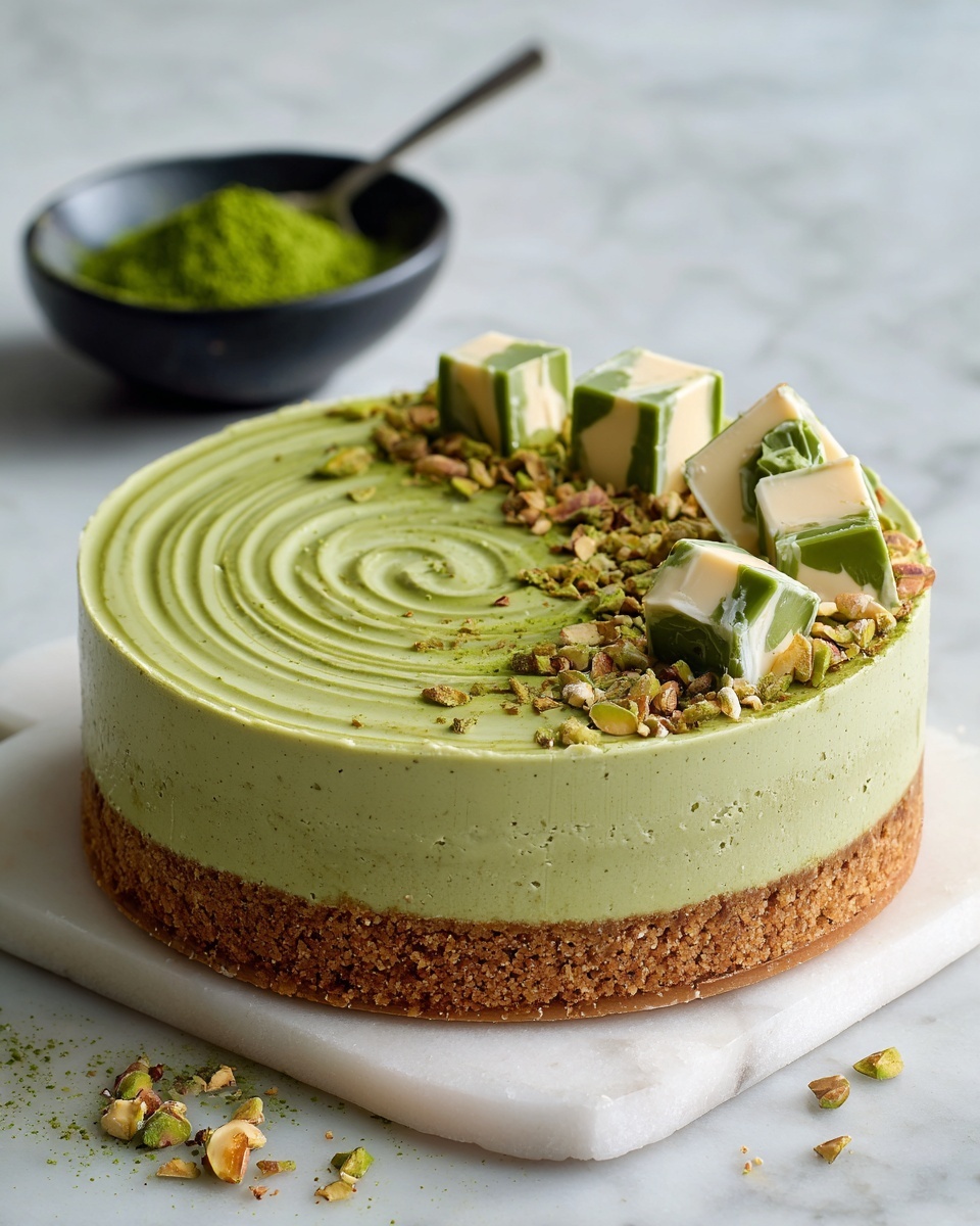 A slice of green matcha cheesecake with two smooth, even layers sits on a white marbled surface; the bottom layer is a light brown crumbly crust, and the top larger green layer is creamy and firm, topped with a square of green matcha chocolate sprinkled with some crumbs. The rest of the cheesecake is visible in the background, showing the same smooth green top layer and crumb crust, partially sliced. A silver spoon with a small piece of the cheesecake rests in the front right corner on the white marbled surface. Some green matcha powder and fresh mint leaves are scattered lightly around. Photo taken with an iphone --ar 4:5 --v 7