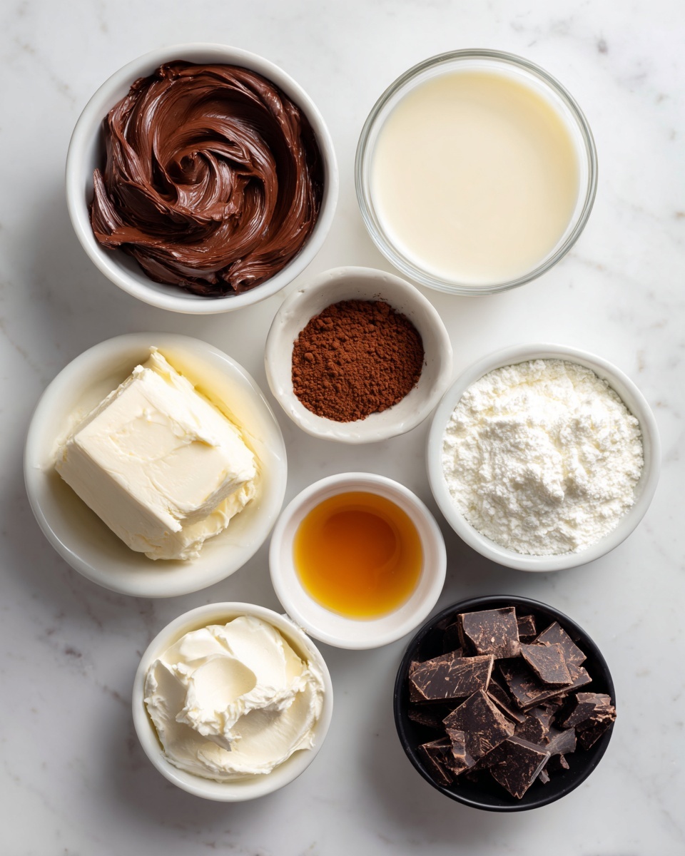 A top view of seven small white bowls and one clear bowl arranged neatly on a white marbled surface. The clear bowl at the top center holds a smooth, creamy off-white liquid. To the left, a small white bowl contains thick, shiny dark brown chocolate spread with a swirl pattern on top. Below it, a white bowl has a block of soft cream cheese with a smooth texture and faint knife marks. Next to the cream cheese, a tiny white bowl holds fine light brown cocoa powder. At the center, a small white bowl contains amber-colored liquid, likely vanilla extract. To the right, a white bowl is filled with finely chopped dark chocolate pieces. Below the chocolate, a small black bowl holds fine white powder, possibly powdered sugar. The clean layout and soft lighting give the image a fresh and organized look photo taken with an iphone --ar 4:5 --v 7