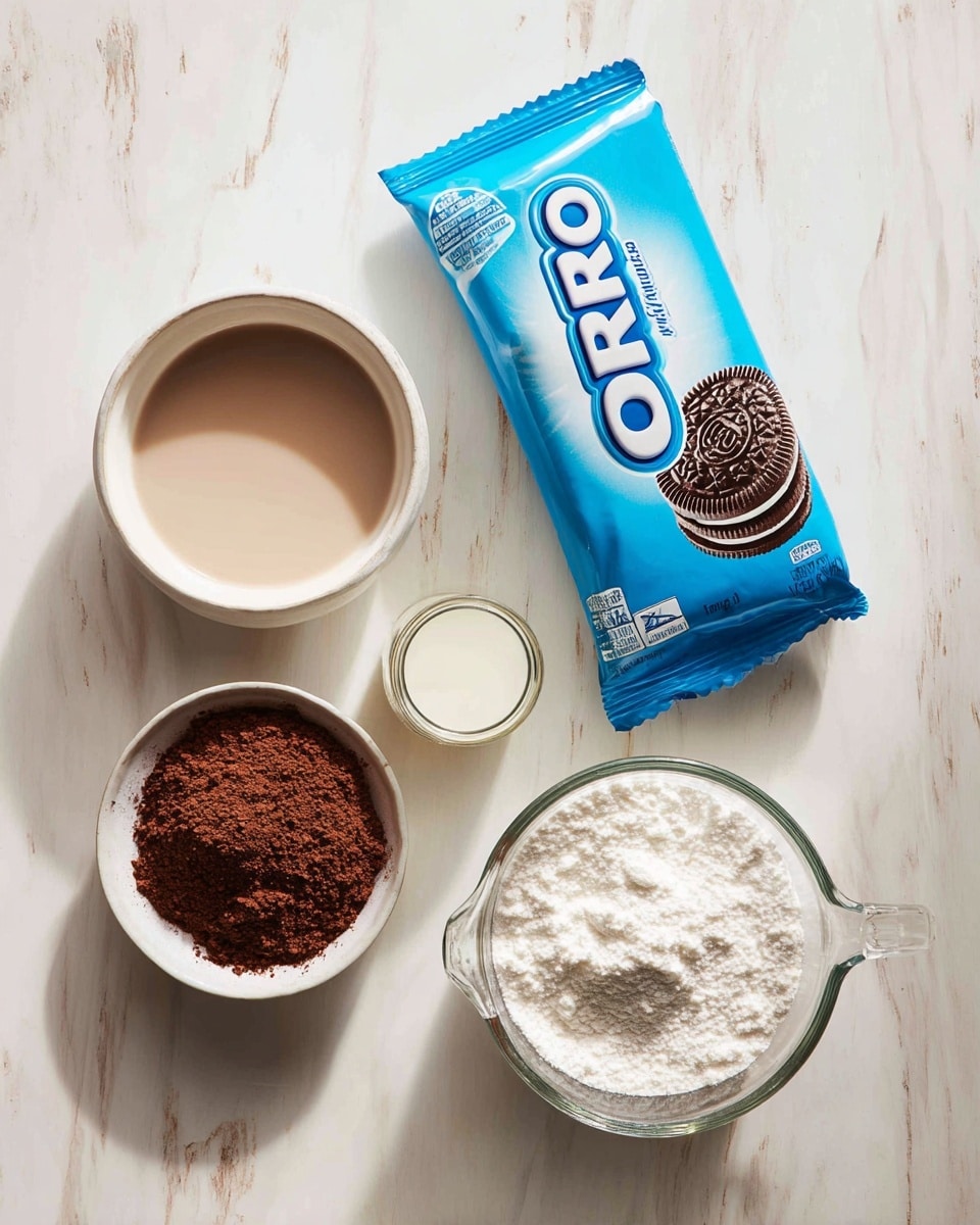 The image shows a blue package of mint flavor Oreo cookies with the front side visible, placed on a white marbled wooden surface. Below the package, there are four containers arranged in a loose grid: a small white bowl filled with brown cocoa powder at the bottom left, a small white bowl with a light brown liquid above it, a clear measuring cup with white milk on the right side near the center, and another clear measuring cup filled with white powdered sugar at the bottom right. The setting is bright with soft shadows, and all items are neatly spaced apart photo taken with an iphone --ar 4:5 --v 7