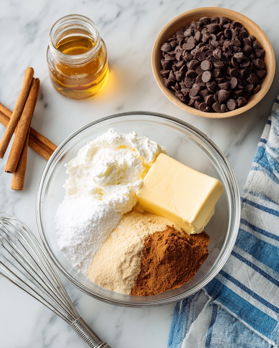 In a clear glass bowl on a white marbled surface, there are five visible layers of ingredients; the bottom left side has a fluffy white cream, above it is a mound of fine white sugar, to the right of the sugar is a block of pale yellow butter, next to the butter on the right is a pile of light brown cinnamon powder, and above the cinnamon is a small amount of golden liquid. Around the bowl, a small jar with cinnamon, a wooden measuring spoon, and a bowl filled with dark brown chocolate chips sit nearby, along with two metal beaters resting on a blue and white striped cloth. Photo taken with an iphone --ar 4:5 --v 7