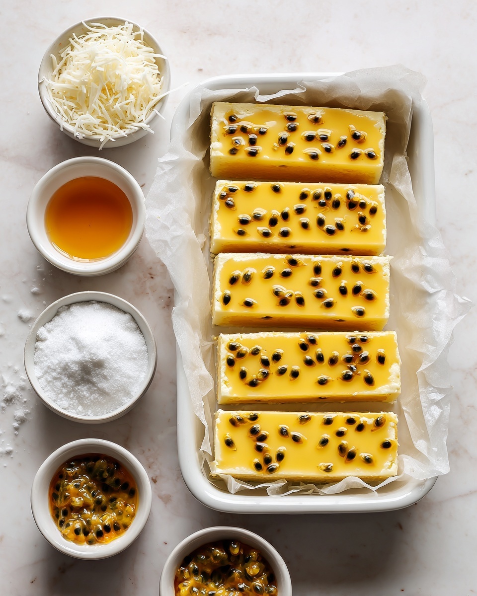 A white baking dish lined with parchment paper holds four rectangular bars of a yellow dessert topped with passion fruit seeds evenly spread across the surface. Each bar is smooth and glossy, showing a custard-like texture. Surrounding the dish are six small white bowls placed on a white marbled surface: two bowls contain shredded white cheese, one has a golden honey-like liquid, one holds white powdered sugar, and two have passion fruit pulp with black seeds. The overall scene is bright and clean with a focus on the dessert and ingredients, photo taken with an iphone --ar 4:5 --v 7