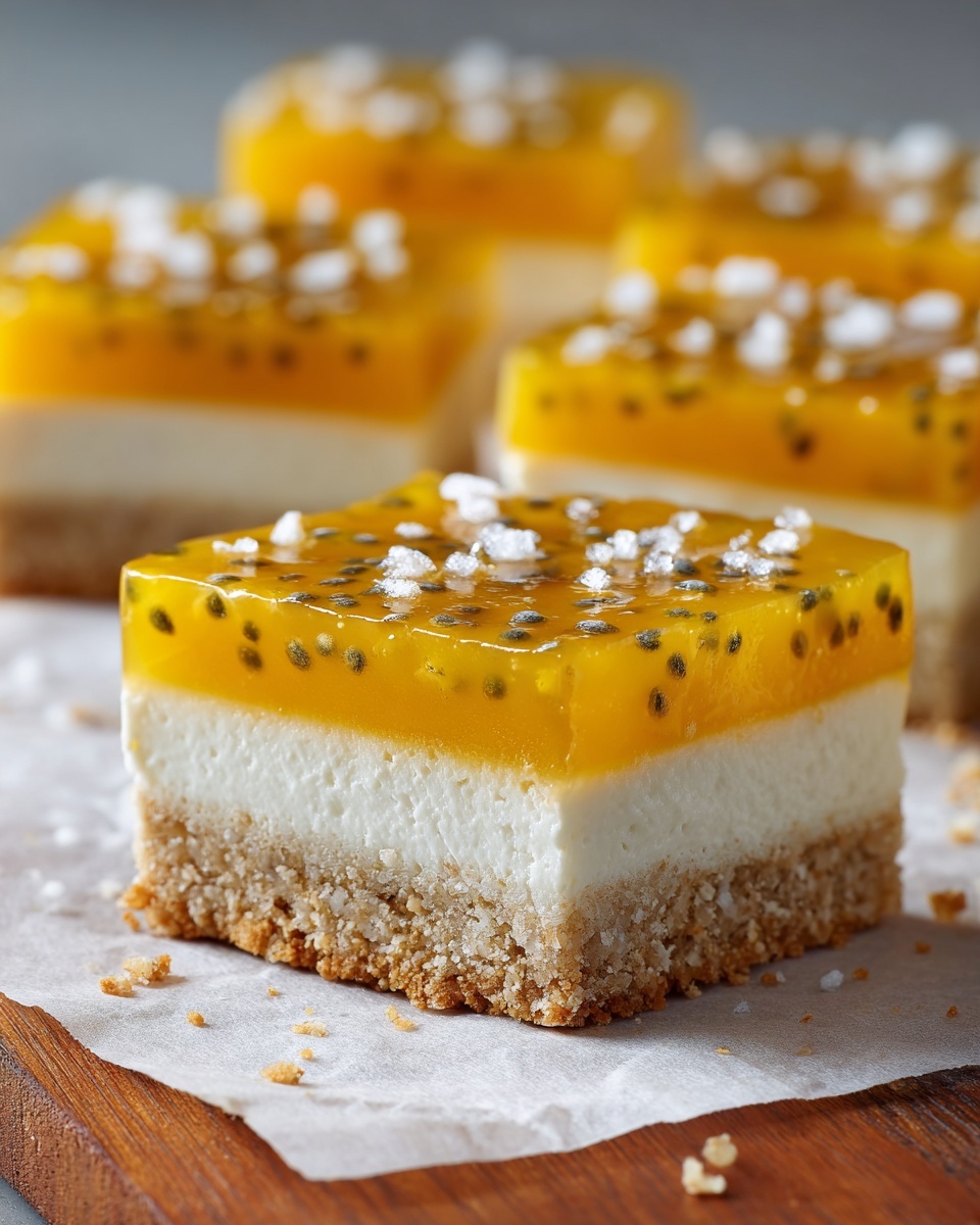 This image shows several square bars with three layers placed on white parchment paper on a white marbled surface. The bottom layer is a thick, rough-textured light brown crust. The middle layer is creamy white and smooth. The top layer is a bright yellow jelly-like layer with scattered black seeds, giving a speckled look. The bars have small bits of white flakes sprinkled on top and crumbs scattered around. One bar is stacked partly on top of another, showing the layers clearly in the front, while blurred bars fill the background. Photo taken with an iphone --ar 4:5 --v 7