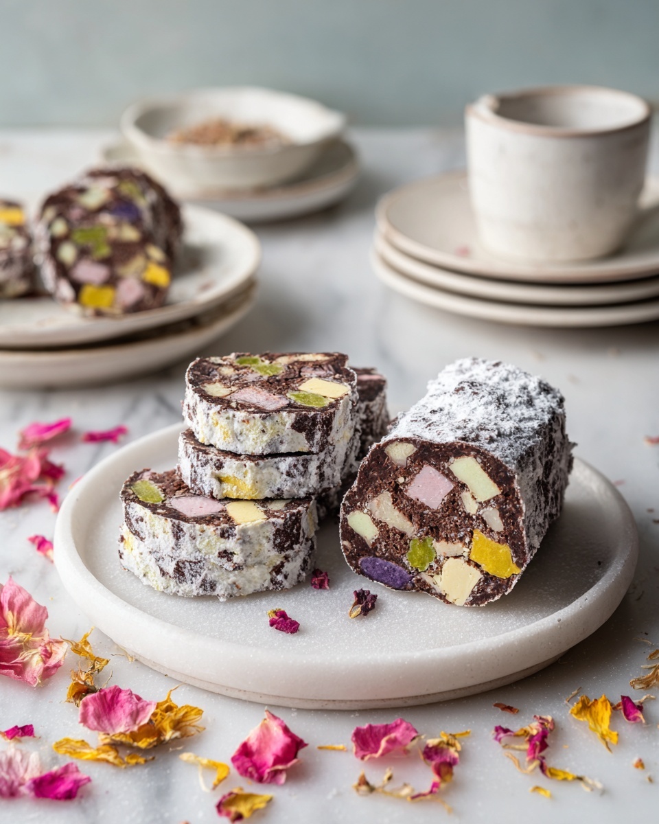 A white round plate on a white marbled surface holds a sliced chocolate dessert roll with pastel-colored candy pieces inside each slice, arranged neatly in three rows. The roll has a dusting of powdered sugar on the right end where it is not sliced. In the background, there is a stack of white plates and a white cup, all placed on a pink cloth, with some yellow and pink dried flower petals scattered on the surface near the plate. Photo taken with an iphone --ar 4:5 --v 7