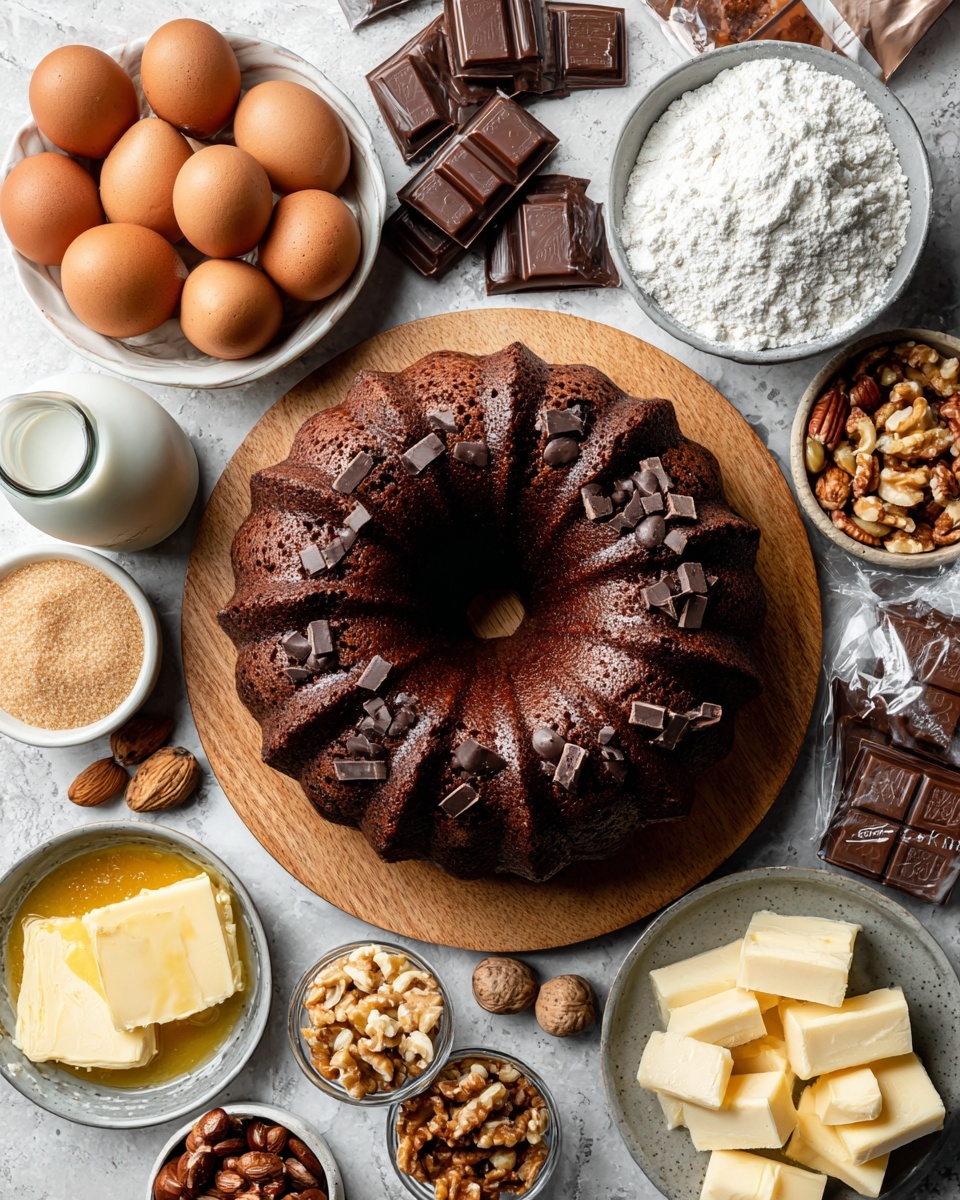 A rich chocolate ring cake sits in the middle on a round wooden board, topped with scattered chocolate chunks. Around it, various baking ingredients are arranged on a white marbled surface: a white bowl with white flour, a small glass jug of milk, two packs of brown and white sugar, a white bowl filled with seven brown eggs, and a gray bowl holding melted yellow butter. There are small glass bowls with light brown sugar, cubed chocolate, and mixed nuts including almonds, cashews, and pecans. A bottle of chocolate mix and a wrapped block of butter are also present. photo taken with an iphone --ar 4:5 --v 7