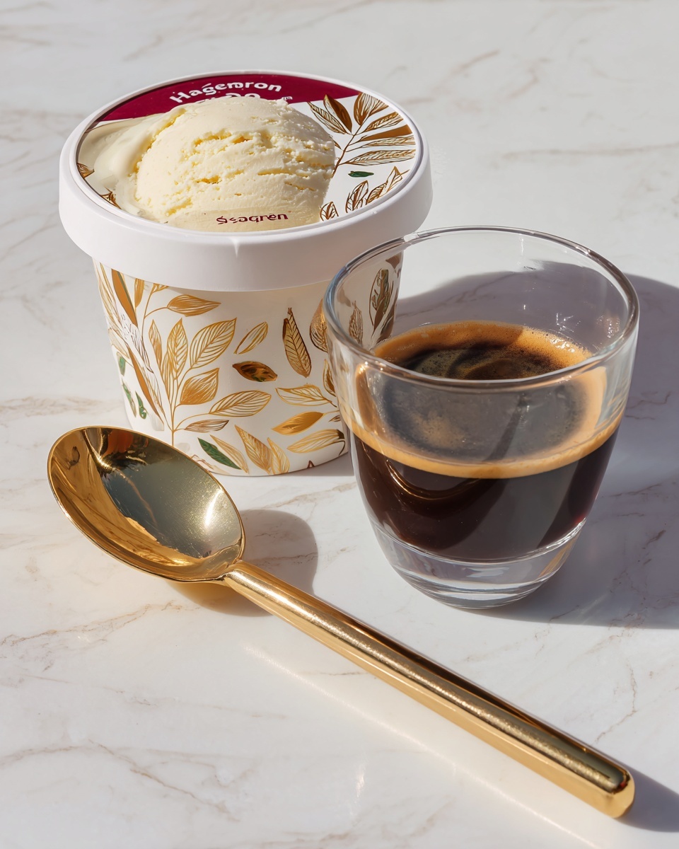 A white container of Häagen-Dazs vanilla ice cream with gold and green leaf designs and a maroon lid is placed on a white marbled surface. Next to it is a clear glass cup with a small amount of dark brown espresso inside, showing a light foam layer on top. Above the cup lies a shiny gold ice cream scoop with a long handle. The scene is simple and clean with soft lighting, showing the textures of the ice cream container, smooth espresso, and reflective scoop clearly. Photo taken with an iphone --ar 4:5 --v 7