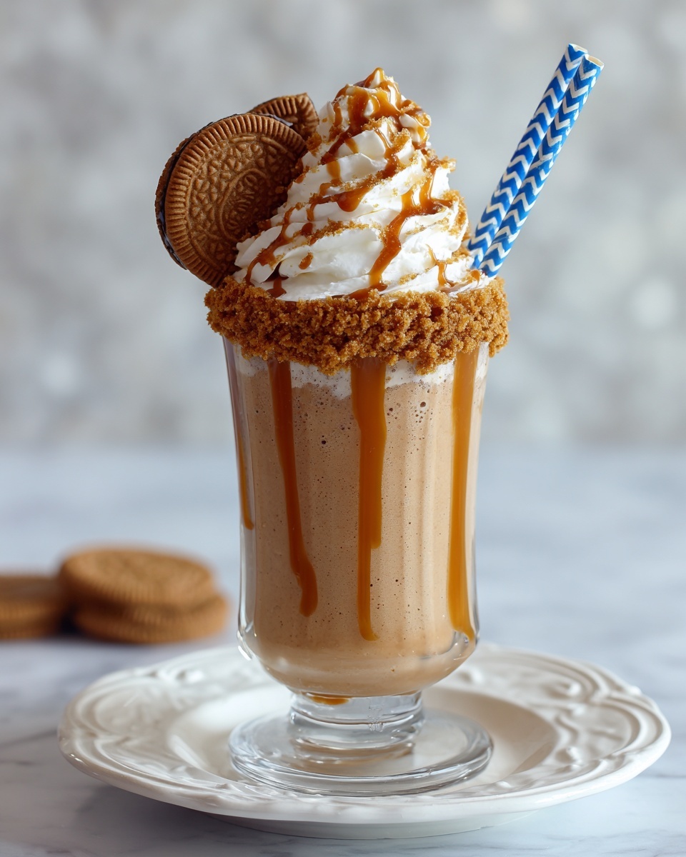 This image shows a tall dessert glass set on a small white plate with a scalloped edge. The glass is filled with a light brown milkshake topped with a large swirl of white whipped cream. A caramel sauce is drizzled over the whipped cream and drips down the inside of the glass. Around the rim of the glass, there is a thick layer of crushed cookie crumbs. Sticking out from the whipped cream is a whole rectangular brown cookie and a blue and white zigzag paper straw. The background is a white marbled surface. Photo taken with an iphone --ar 4:5 --v 7