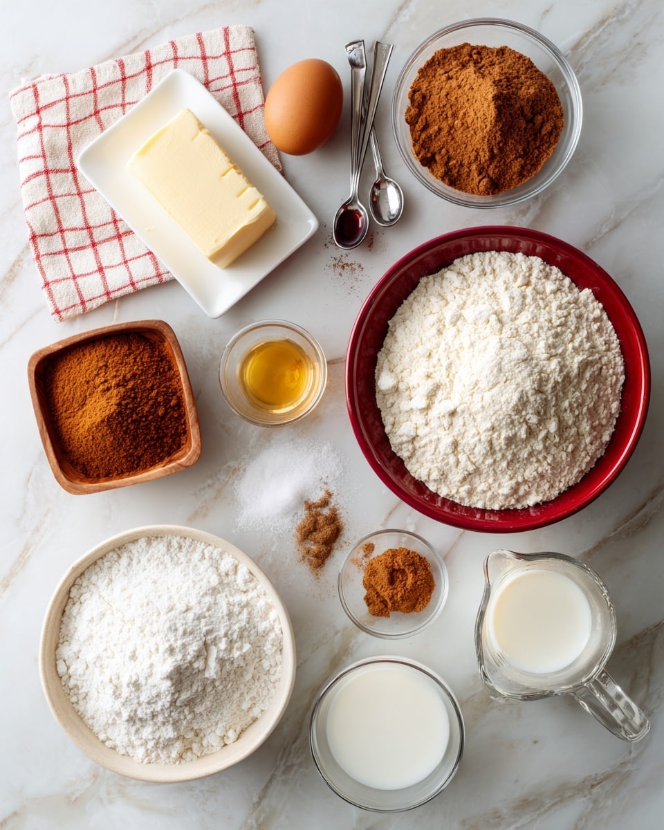 The image shows a white marbled surface with baking ingredients arranged neatly. There is one brown egg on a white and red checkered cloth near a white square plate holding a stick of butter. Next to it is a small wooden square bowl with white powder. A small white bowl with a golden liquid and a few piles of brown sugar and cinnamon are near the center. Above them, a clear small bowl holds reddish-brown ground cinnamon, and beside it are two silver measuring spoons, one with a dark liquid and the other with a tiny amount of white salt. On the right side, a large clear bowl is full of white flour, below it is a red bowl filled with white powdered sugar, and at the bottom right is a clear measuring cup with cream or milk. All items are against the white marbled background. Photo taken with an iphone --ar 4:5 --v 7