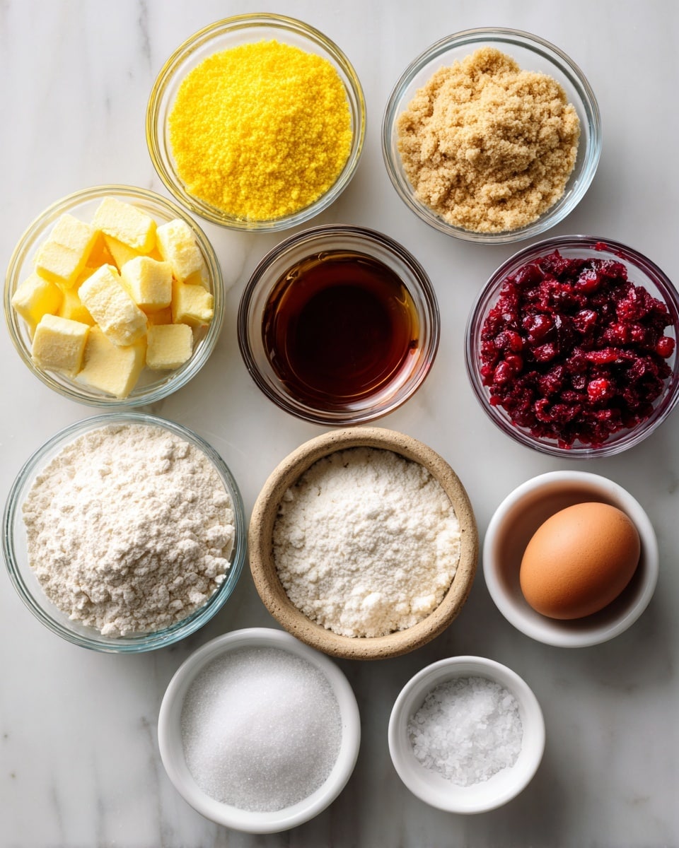 The image shows eleven small clear glass bowls and two small white ceramic bowls arranged neatly on a white marbled surface. The bowls contain different ingredients: bright yellow cornmeal, soft pale yellow butter, crumbly light brown sugar, clear liquid, dark amber vanilla extract, finely chopped red cranberries, finely ground white flour, white granulated sugar, a single brown egg in a small rustic bowl, and two small white ceramic bowls with white baking soda and salt. The ingredients are evenly spaced and well-lit from above, highlighting their colors and textures. photo taken with an iphone --ar 4:5 --v 7