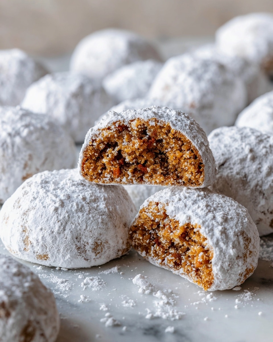 The image shows many round cookies covered fully in white powdered sugar, giving them a soft, powdery texture. The cookies are placed closely together on a white marbled surface. In the middle, one cookie is split in half, revealing a chewy, dense inside that is dark brown with a rough texture. The cookie halves hover slightly above the others, showing the contrast between the white powdered outside and the rich brown inside. photo taken with an iphone --ar 4:5 --v 7