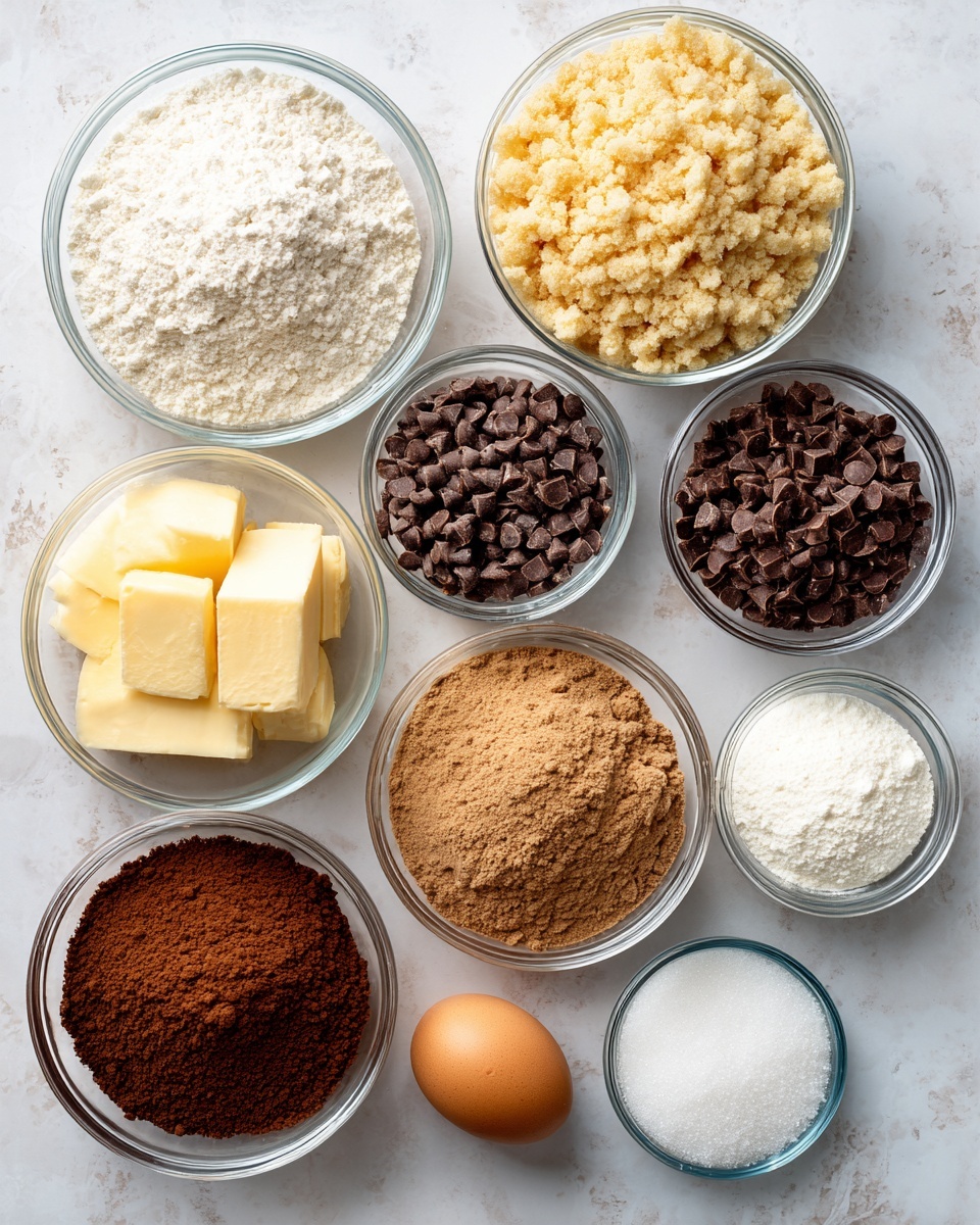 The image shows nine clear glass bowls arranged on a white marbled surface, each filled with different baking ingredients. The top row has a bowl with white flour, next to a bowl filled with light brown crushed nuts or crumbs, and another bowl with small dark chocolate chips. The middle row features a block of pale yellow butter on the left, a bowl with soft brown sugar in the middle, and a bowl of brown cocoa powder on the right. The bottom row includes a small bowl with a dark brown paste, a single brown egg, and a small dish containing white granulated sugar and white baking soda side by side. The textures range from smooth (butter), powdery (flour, sugar, cocoa), to grainy (brown sugar, nuts). photo taken with an iphone --ar 4:5 --v 7