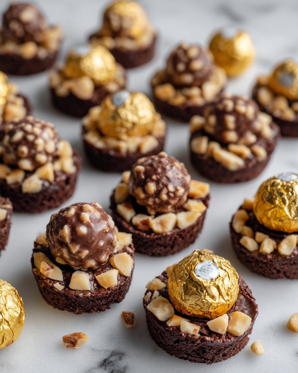 The image shows several round chocolate treats arranged on a white marbled surface. Each treat has two layers: the bottom layer is a dark chocolate base, some covered in crushed light brown nuts, and others plain. The top layer is a round chocolate ball with a textured nut coating, varying in shades of light to dark brown. There are also a few golden wrapped chocolate balls in white paper cups scattered among the treats. The treats are placed evenly with soft lighting highlighting their rough and smooth textures. photo taken with an iphone --ar 4:5 --v 7