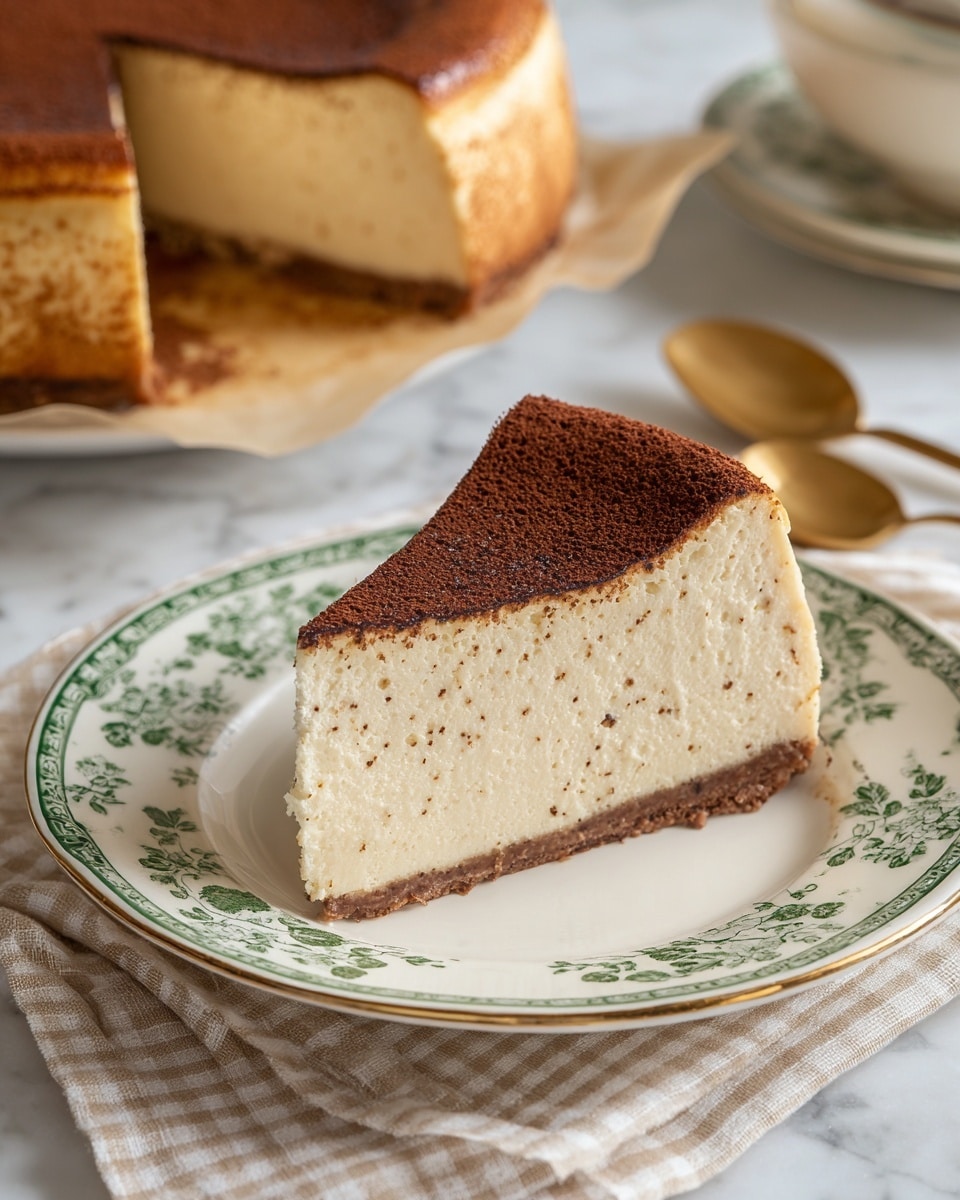 A slice of rich cheesecake with a thick, dark brown top layer and a thick, light creamy beige bottom layer filled with small specks, sitting on a white plate with green floral patterns around the edge, with part of the full cheesecake in the background on white parchment paper sprinkled with crumbs, a golden spoon beside it, all set on a white marbled surface with a beige and white checkered cloth partially visible in the foreground, photo taken with an iphone --ar 4:5 --v 7