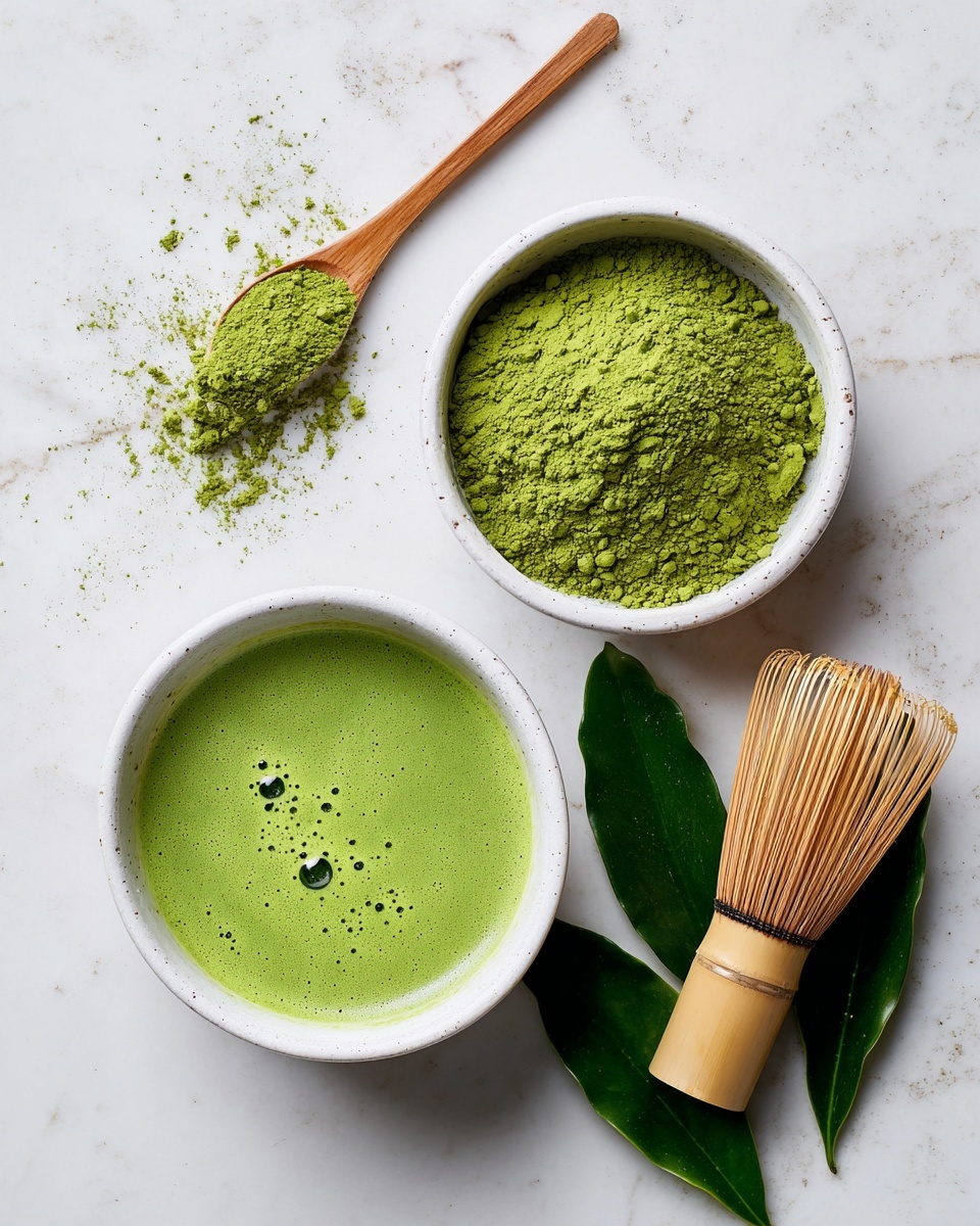 The image shows a white bowl filled with smooth bright green matcha tea, topped with tiny bubbles on the surface. Above it, there is another white bowl containing bright green matcha powder with a soft, fine texture. To the left, a thin wooden spoon holds a small mound of the same green powder with some powder spilled around it. To the right of the bowls, there is a bamboo matcha whisk with light natural wood color and fine, evenly spaced prongs. At the bottom right, two shiny, dark green leaves are placed partially under the bowl of matcha tea. All items rest on a white marbled surface with some light gray spots. photo taken with an iphone --ar 4:5 --v 7
