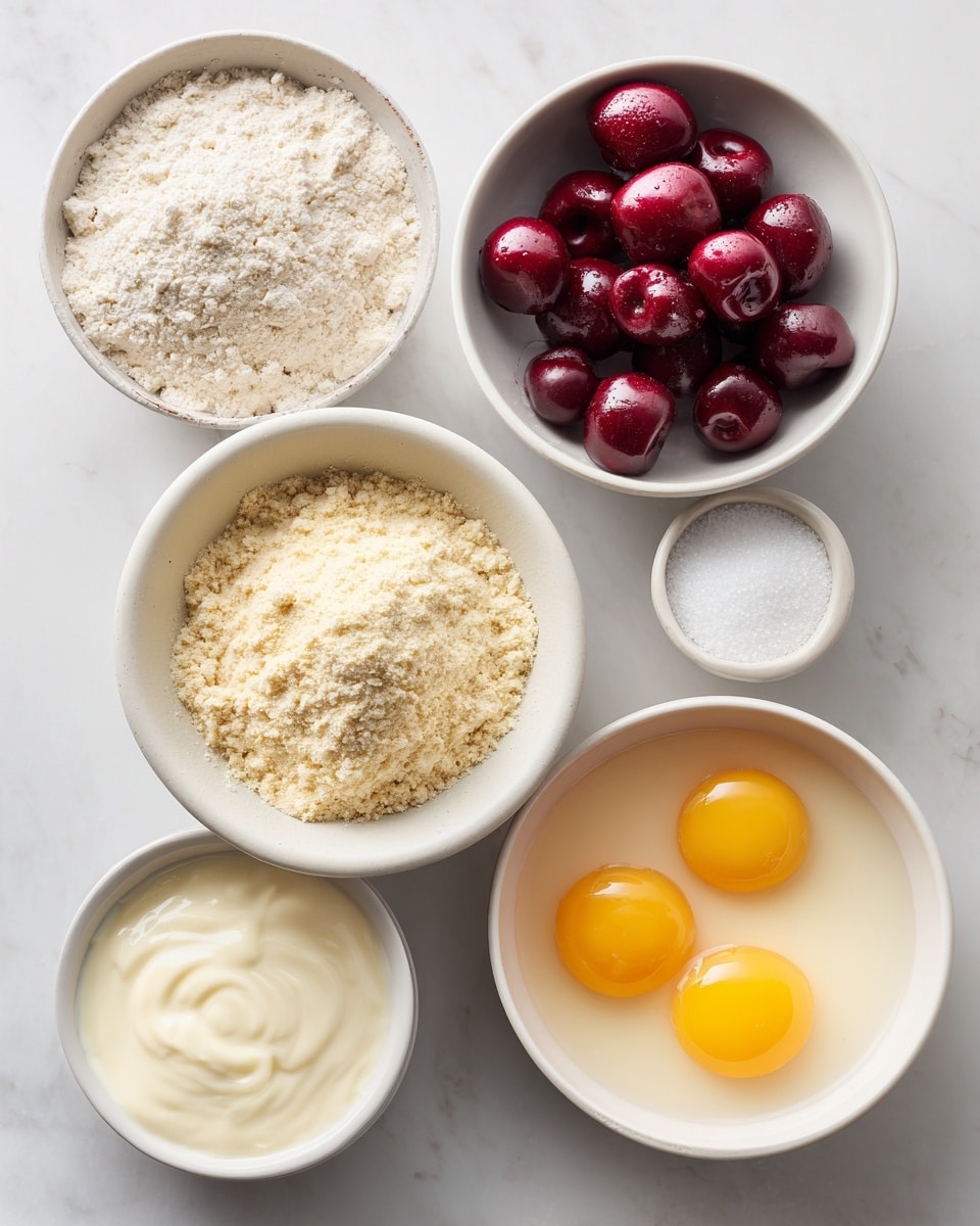 Five white bowls are arranged on a white marbled surface, each containing a different ingredient for baking. At the top right, a bowl holds deep red cherries with a smooth, slightly shiny texture. Below it, a bowl contains three raw eggs with bright yellow yolks sitting in clear liquid. To the left of the eggs, another bowl is filled with light beige almond flour mixed with white flour, showing a rough, powdery texture. Above this bowl, a smaller bowl contains pure white granulated sugar with a grainy texture. Finally, at the bottom left, there is a bowl filled with a creamy mix of milk and heavy cream, smooth and pale white in color. All bowls are placed neatly with some space between them. photo taken with an iphone --ar 4:5 --v 7