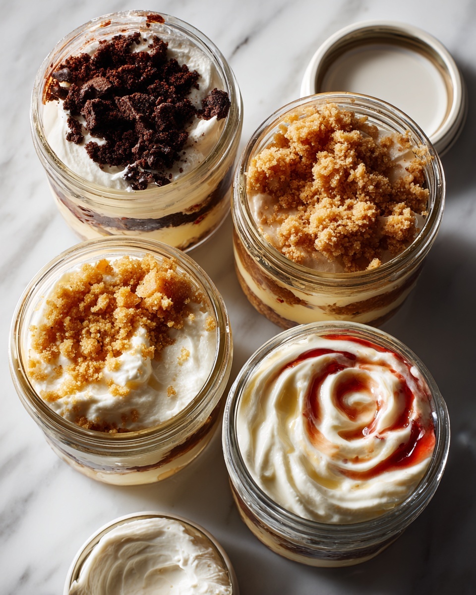 Four small clear glass jars sit on a white marbled surface, each filled with a layered creamy dessert. The top left jar has thick cream with broken dark chocolate cookie pieces in layers, showing a rich dark brown and white pattern. The top right jar shows a thick creamy base topped with uneven chunks of brown and light tan textures, likely chocolate mix. The bottom left jar contains thick cream with crumbly light brown cookie bits swirled into it. The bottom right jar has layers of light pink creamy texture mixed with beige cake pieces and small red fruit bits scattered across the top. A white jar lid is placed near the bottom right corner. photo taken with an iphone --ar 4:5 --v 7