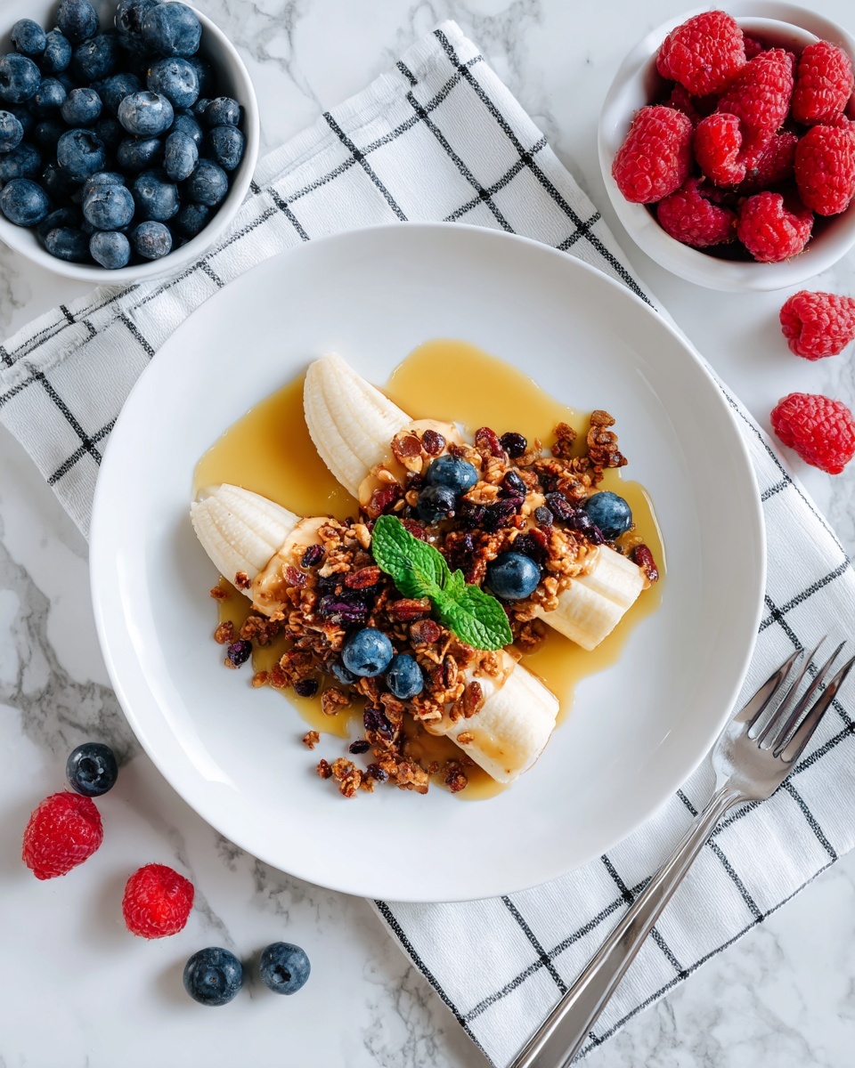 The dish shows two banana halves placed in an X shape on a white plate. On top of the bananas, there is a pile of granola mixed with small dark chocolate pieces, fresh blueberries, and raspberries. Light brown sauce is drizzled across the bananas and toppings, adding shine and texture. A small sprig of green mint leaves sits on the granola for a fresh touch. Around the plate, small bits of granola and chocolate pieces are scattered. The plate rests on a white and black checkered cloth, all set on a white marbled surface. In the background, there are two white bowls filled with fresh blueberries and raspberries. photo taken with an iphone --ar 4:5 --v 7