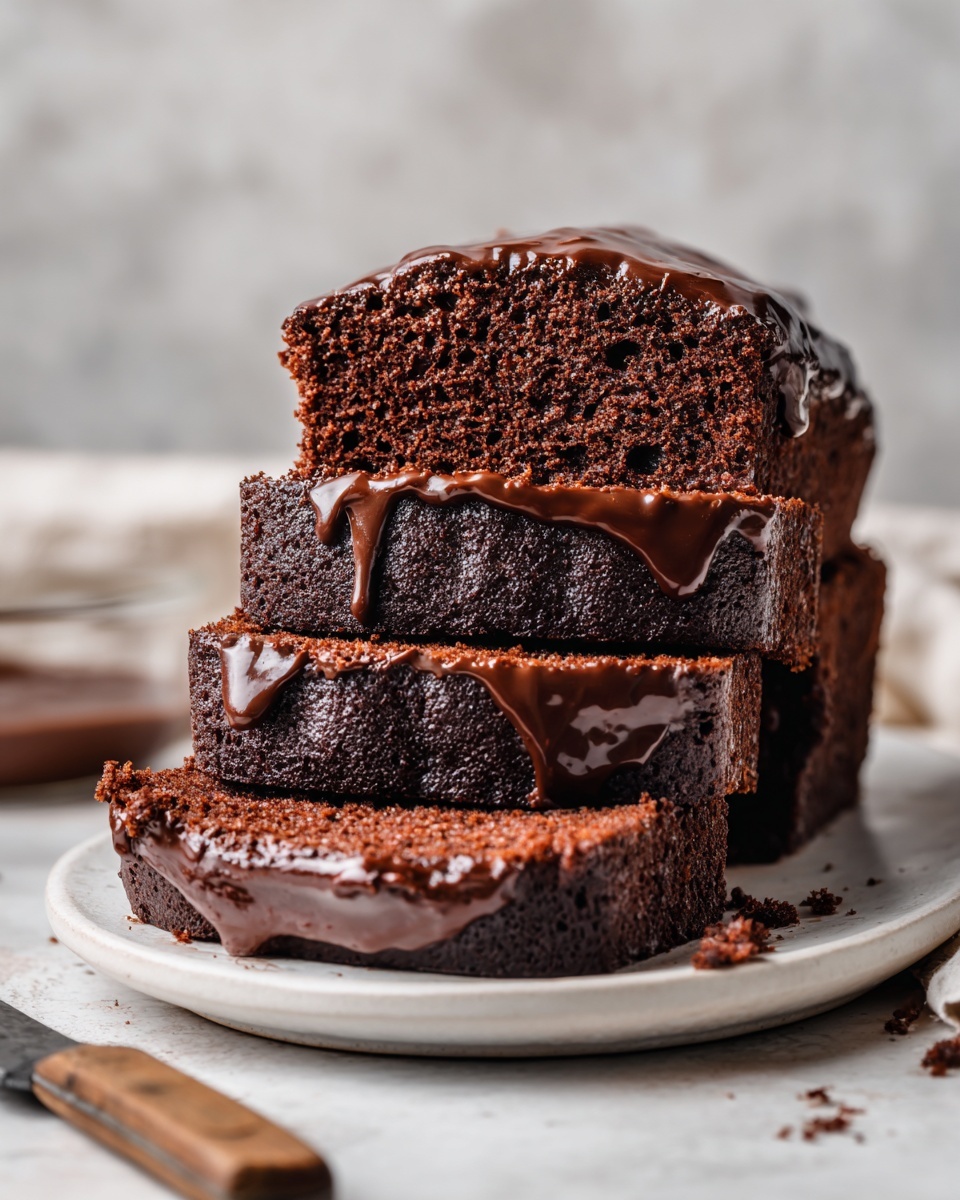 A white plate holds three thick slices of moist dark chocolate cake stacked on top of each other. The bottom two slices have a smooth, shiny layer of dark chocolate glaze that slightly drips down the edges. The top slice shows the soft, crumbly texture of the cake. Next to the plate is a wooden knife with silver rivets, resting partly on the plate. The background is a white marbled surface with soft lighting that highlights the rich brown tones of the cake. Photo taken with an iphone --ar 4:5 --v 7