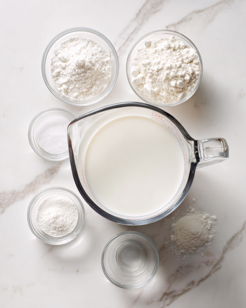 A clear glass measuring cup filled with white milk is centered on a white marbled surface. Around it are five small clear bowls arranged in a loose circle, each containing different ingredients: two bowls have white powders with fine textures, likely flour and baking powder or sugar, while two are empty and transparent. The overall scene is bright and clean, showing only the clear containers and white ingredients on the marbled background, with soft natural light highlighting the milky liquid and powders. Photo taken with an iphone --ar 4:5 --v 7
