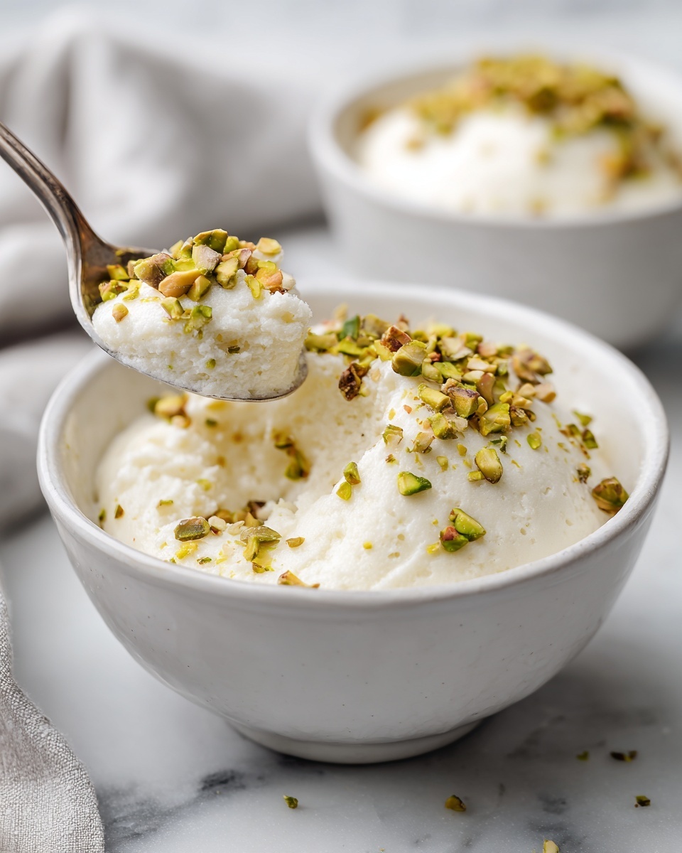The image shows two white bowls placed on a white marbled surface, each filled with a fluffy white creamy dish. The top layer in both bowls is sprinkled with small pieces of chopped pistachios in green and brown shades, adding texture and color contrast. A silver spoon holds a scoop of the creamy mixture with some chopped pistachios on top, positioned over the front bowl. A light beige cloth is partially visible at the bottom left corner, adding softness to the scene. The photo is taken with an iphone --ar 4:5 --v 7