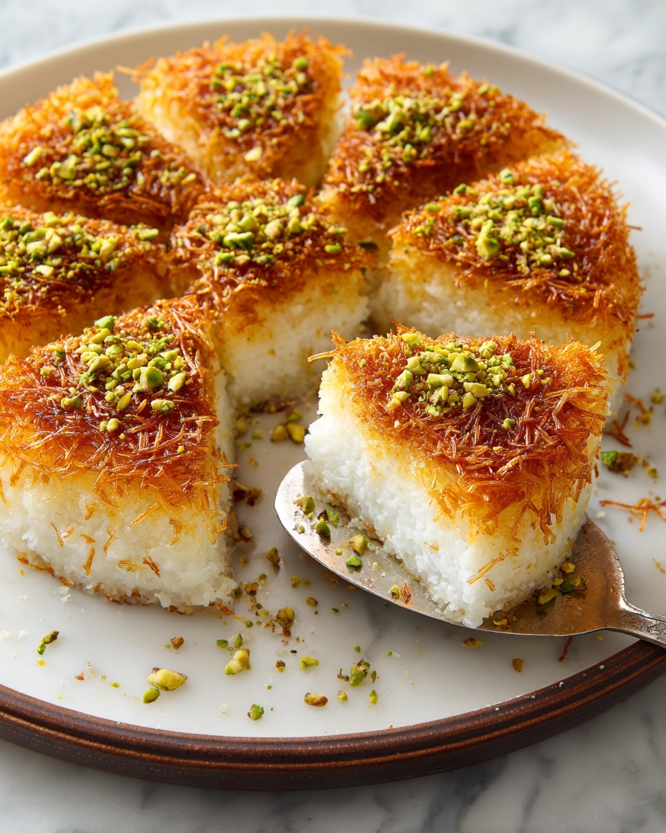 The image shows a round dessert with a crispy golden-brown top layer sprinkled evenly with crushed green pistachios. The dessert is cut into square pieces, revealing a moist, white middle layer beneath the crunchy top. One square piece is lifted by a utensil, showing the stringy, shredded texture of the dessert’s top and the creamy white layer inside. The dessert sits on a white plate with a calm white marbled background. photo taken with an iphone --ar 4:5 --v 7