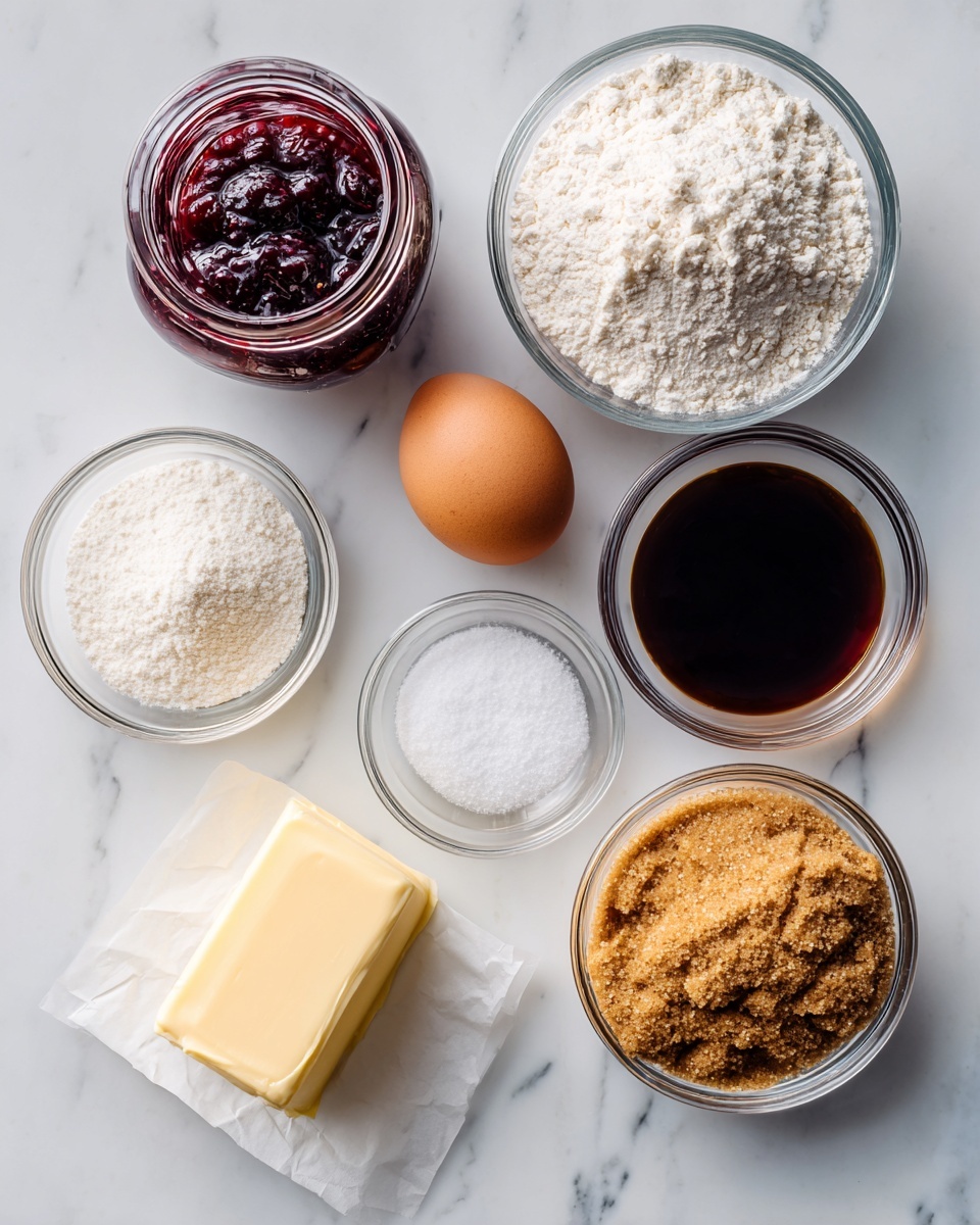 A top view of seven baking ingredients arranged on a white marbled surface: a jar of dark red berry jam with visible seeds on the left; a clear glass bowl of white flour with a powdery texture near the center top; a light brown egg positioned next to the flour bowl at the top right; a small clear bowl with white salt below the egg; a medium clear bowl of brown sugar with a crumbly texture to the right of the salt; a clear bowl of dark brown vanilla extract below the sugar; and a stick of pale yellow butter on a piece of white parchment paper near the bottom center. Photo taken with an iphone --ar 4:5 --v 7
