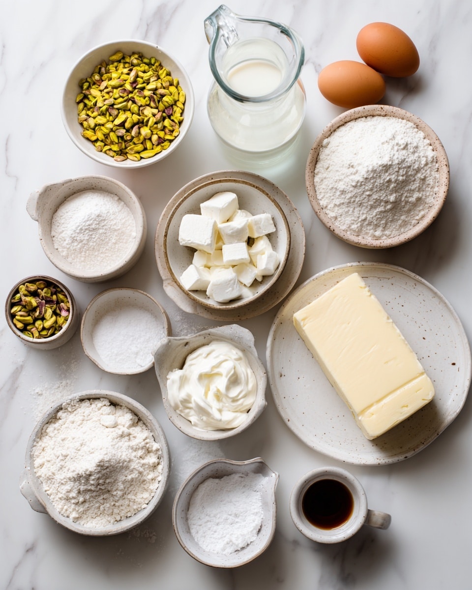 The image shows several small white bowls and plates arranged on a white marbled surface, each holding different baking ingredients. There is one bowl with yellow-green pistachios, a bowl with white powdered sugar, another with white flour, and a small bowl with white granular sugar. Two brown eggs are placed side by side near a clear glass jug of water and a small clear glass cup of milk. A plate holds a thick slice of butter and a block of cream cheese. Another small white bowl contains a thick white cream, while a very small bowl holds various white powders. A small white cup has a small amount of dark brown liquid inside. The setup is neat and clean, with ingredients spaced evenly for clarity. photo taken with an iphone --ar 4:5 --v 7
