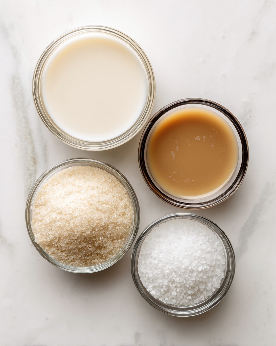 The image shows four small clear glass bowls placed on a white marbled surface. The largest bowl on the left contains a creamy white liquid, while the bowl to its right holds a light brown liquid. Below the bowl with the brown liquid is a bowl filled with white granulated sugar, and to its right, there is a bowl with white salt crystals. All bowls are simple and transparent, showing the textures and colors of their contents clearly. photo taken with an iphone --ar 4:5 --v 7