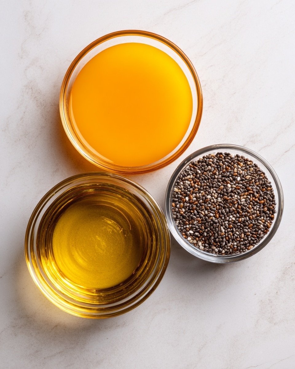 Three clear glass bowls sit on a white marbled surface. The left bowl holds a small amount of golden honey with a smooth, glossy texture. The middle bowl contains a larger amount of bright orange liquid, smooth and consistent in color. The right bowl is filled with small, dark brown and white chia seeds, showing a dry, grainy texture and packed together tightly. The bowls are spaced evenly apart. photo taken with an iphone --ar 4:5 --v 7