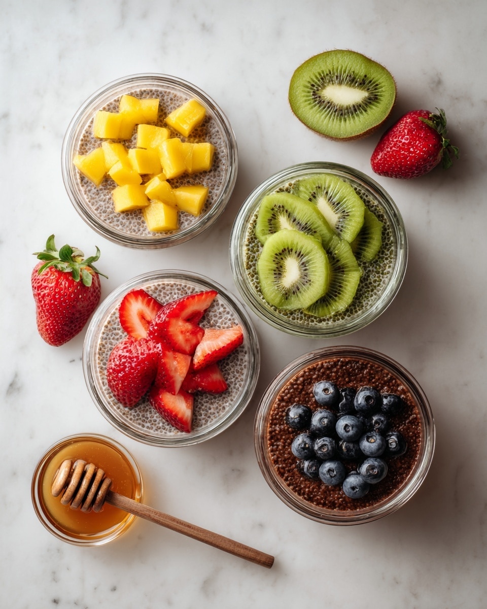 Four clear glass bowls are placed on a white marbled surface, each filled with a thick chia seed pudding of different colors. The top left bowl has a light brown pudding topped with bright yellow mango cubes. The top right bowl contains a dark brown pudding and is decorated with light green kiwi slices and small kiwi chunks. The bottom left bowl shows a reddish-brown pudding garnished with fresh red strawberry halves. The bottom right bowl holds a darker brown pudding topped with a small pile of deep blue blueberries. Around the bowls, there are fresh strawberries, mango slices, a sliced kiwi, and a small clear bowl with golden honey and a wooden honey dipper resting inside. Photo taken with an iphone --ar 4:5 --v 7