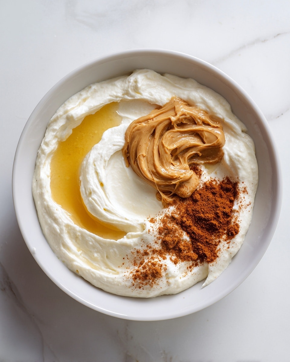 A white bowl on a white marbled surface holds three layers of ingredients. The bottom layer is a thick, smooth white cream spread around the bowl. On the left side, there is a small pool of golden honey partially spreading on top of the white cream. Near the center, a dollop of light brown peanut butter sits thick and swirled with smooth texture. Next to the peanut butter, cinnamon powder in two small piles rests on the white cream, adding a warm, reddish-brown color to the mix. photo taken with an iphone --ar 4:5 --v 7