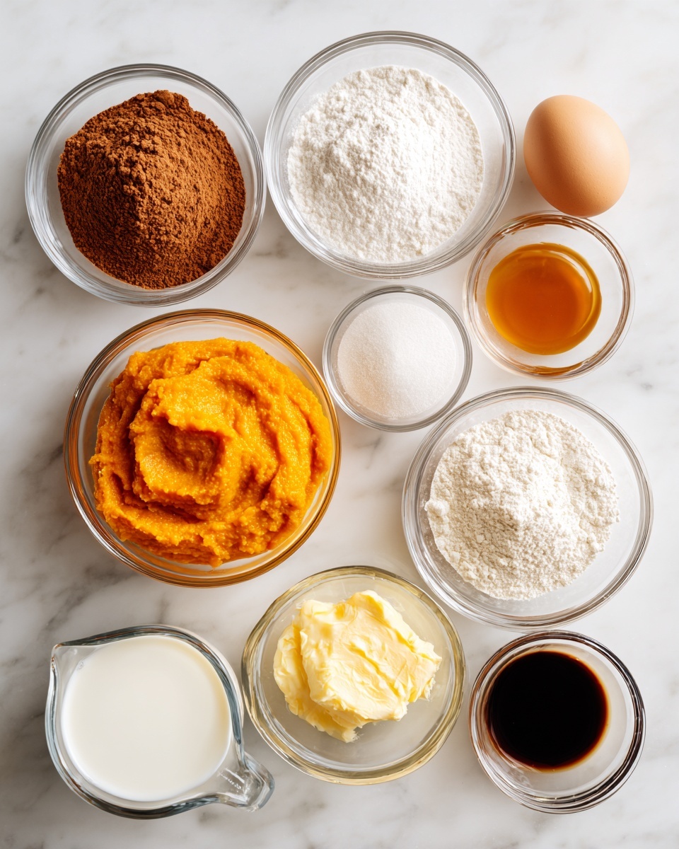 The image shows nine small clear glass bowls placed on a white marbled surface, each holding different baking ingredients. From the top left going right, there is a bowl with brown powder, white powder, and baking soda mixed together, next a bowl with a single light brown egg, then a bowl full of bright orange pumpkin puree, and finally a clear bowl with melted yellow butter. On the bottom row, from left to right, there is a small glass measuring cup filled with white milk, a bowl filled with white flour, a tiny bowl holding dark vanilla extract, and a bowl of golden brown syrup. The background and surface are white marble, and no woman's hand is present. Photo taken with an iphone --ar 4:5 --v 7