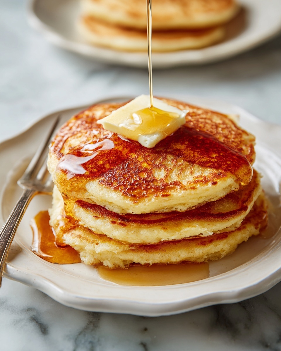 A stack of four golden brown pancakes sits in the center of a white plate with a subtle scalloped edge. On top of the stack, a square of creamy butter slowly melts as amber syrup is poured over it, dripping down the sides of the pancakes. To the left of the plate, a silver fork rests on the plate’s edge. The background features a white marbled texture, and in the bottom right corner, part of an orange-colored fruit is visible. photo taken with an iphone --ar 4:5 --v 7