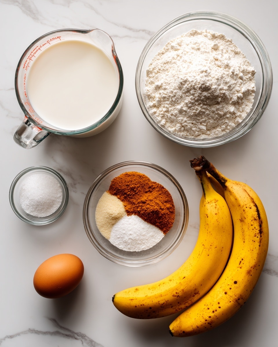 The image shows six ingredients on a white marbled surface. At the top left, there is a glass measuring cup filled with white milk. Next to it, in the center top, there is a glass bowl full of white flour. To the right of the flour, there is a small glass bowl containing three powders: an orange-brown spice, white salt, and white baking powder. Below the flour, at the bottom left, there is a small glass bowl with one brown egg. On the bottom right, there are two yellow bananas with brown spots on their peel. photo taken with an iphone --ar 4:5 --v 7