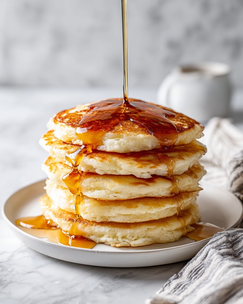 A stack of five thick golden-brown pancakes sits in the center of a white plate with a subtle scalloped edge. The pancakes have a soft, slightly uneven texture showing they are freshly made. A clear amber syrup is being poured from above, slowly dripping down the sides of the top pancake and pooling slightly around the base. The plate rests on a white marbled surface with a gray and white striped cloth peeking in from the right side. The light is soft, highlighting the warm tones of the pancakes and syrup photo taken with an iphone --ar 4:5 --v 7