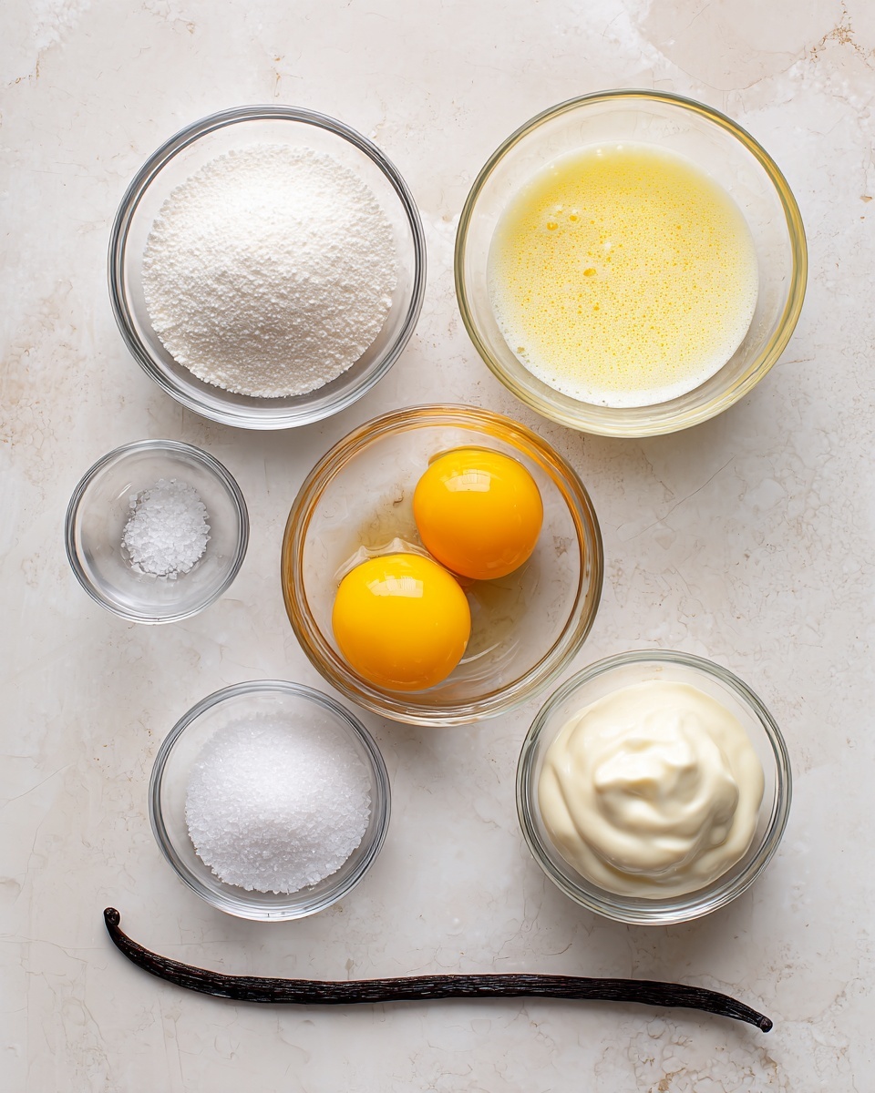The image shows six small bowls arranged on a white marbled surface. In the center, there is a clear glass bowl holding three bright yellow egg yolks. To its right, a smaller clear glass bowl contains one egg yolk surrounded by clear egg white. Above these, a clear glass bowl is filled with a pale yellow frothy liquid, and next to it, another clear glass bowl has smooth white cream. On the left side, a white bowl is filled with fine white sugar, and below the egg yolks, a small clear glass bowl holds coarse salt. A long dark vanilla bean pod lies horizontally beneath the bowls. Photo taken with an iphone --ar 4:5 --v 7