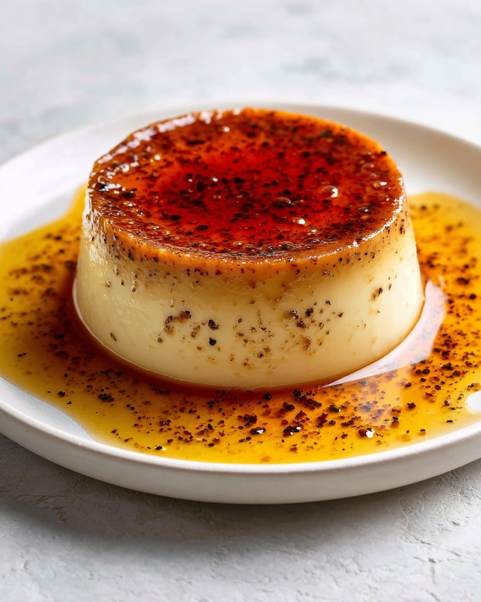 A small round custard dessert sits in the middle of a white plate on a white marbled surface. The dessert has two clear layers: the bottom is pale cream, smooth and slightly firm, while the top layer is a shiny caramel brown with tiny black specks. A golden caramel sauce spreads out around the dessert, pooling unevenly and glistening under the light. The edges of the plate curve gently upward, holding the sauce within. photo taken with an iphone --ar 4:5 --v 7