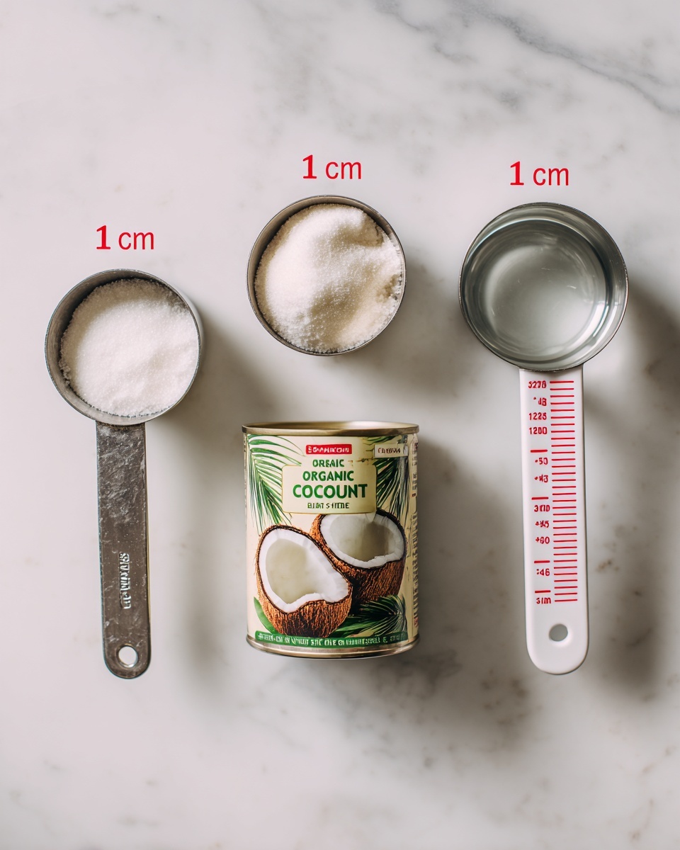 The image shows four main ingredients arranged in a line on a white marbled surface. On the left, there is a metal measuring cup filled with white sugar, labeled