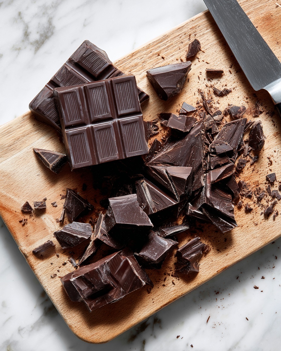 A wooden cutting board lies on a white marbled surface, holding a pile of dark chocolate pieces. The bottom left has a partly intact chocolate bar with square segments, while the rest of the board is scattered with uneven, broken shards and small crumbs of chocolate in rich dark brown shades. A sharp knife with a black handle is slightly visible on the right edge of the image, with its blade near the chocolate pieces. Photo taken with an iphone --ar 4:5 --v 7