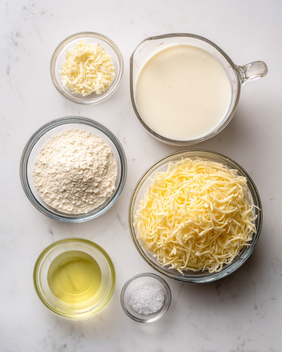 The image shows five clear glass bowls arranged in a loose circle on a white marbled surface. The largest bowl on the right is filled with a light yellow shredded cheese layer, soft and stringy in texture. Above it is a glass measuring cup filled with a smooth white creamy liquid layer. To the left of that is a smaller bowl filled with a fine white powdery layer, likely flour or sugar. Below the measuring cup is a small green tinted bowl containing a yellow liquid layer with a smooth texture, looking like oil or melted butter. Just below that is a tiny glass bowl holding a small mound of fine white crystals, probably salt. The composition is neat and the glass bowls show each ingredient clearly and distinctly. Photo taken with an iphone --ar 4:5 --v 7