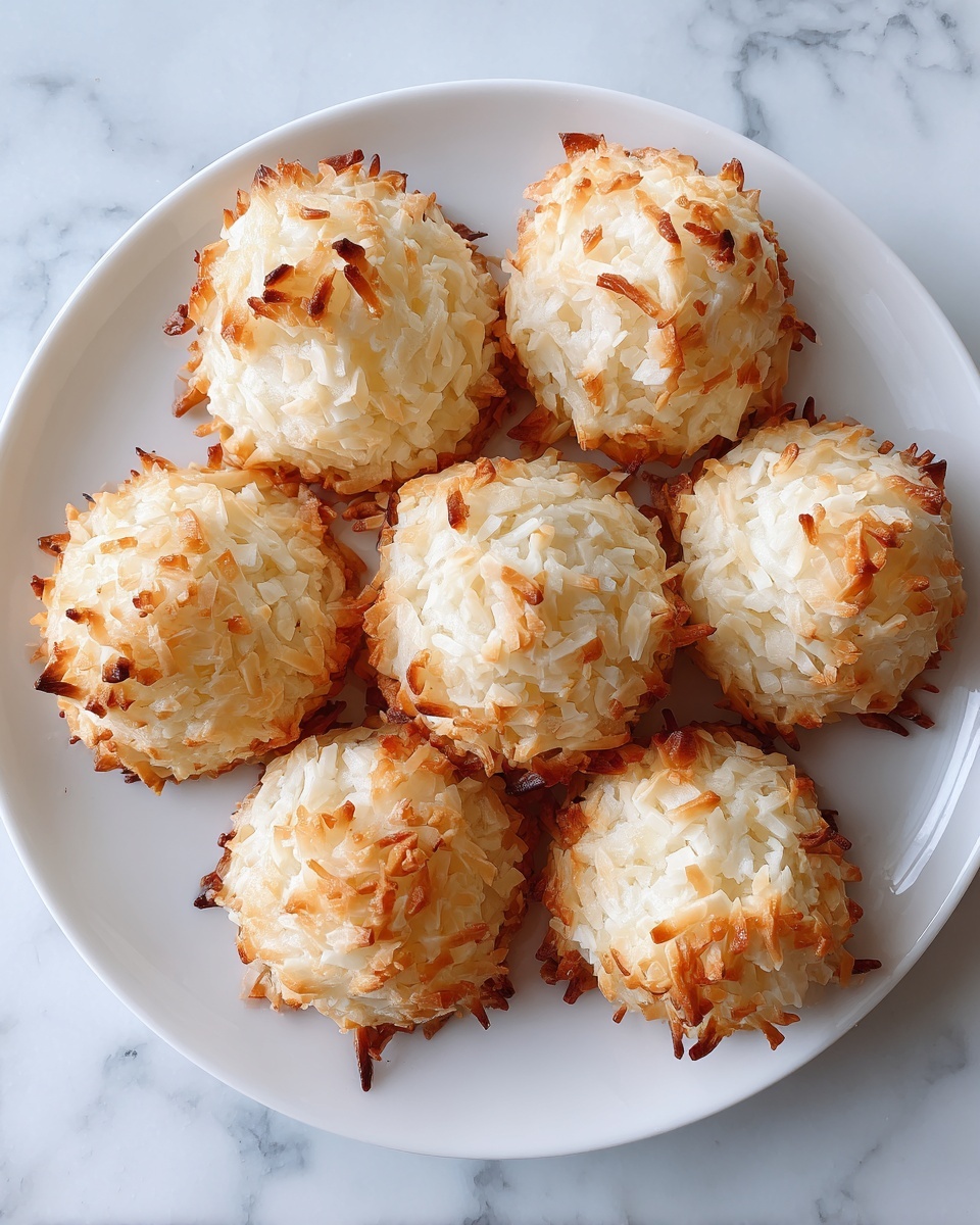 A round white plate is filled with seven round coconut macaroons. Each macaroon has a rough texture with shredded toasted coconut giving a mix of light golden brown and white colors. The macaroons look crispy on the edges and soft inside, placed close together on the plate. The background is a white marbled surface. Photo taken with an iphone --ar 4:5 --v 7