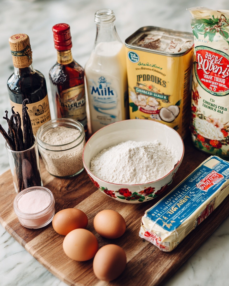 The image shows a wooden board on a white marbled surface with various baking ingredients arranged neatly. From left to right, there is a bottle with whole vanilla beans, a small jar of roasted sesame seeds, a large clear container with white flour, a small pink container of baking powder, and a white bowl with red and green floral design holding two brown eggs. Behind the bowl, there is a carton of organic low-fat milk, a bottle of Bacardi rum, a tin of Thai Kitchen coconut milk, a yellow bag of Bob’s Red Mill sweet white rice flour, a clear bag of sweetened coconut flakes, and a stick of unsalted butter with blue and white packaging. The items are placed closely together, showing a variety of textures from powdery flour to smooth bottles and a textured coconut bag. photo taken with an iphone --ar 4:5 --v 7