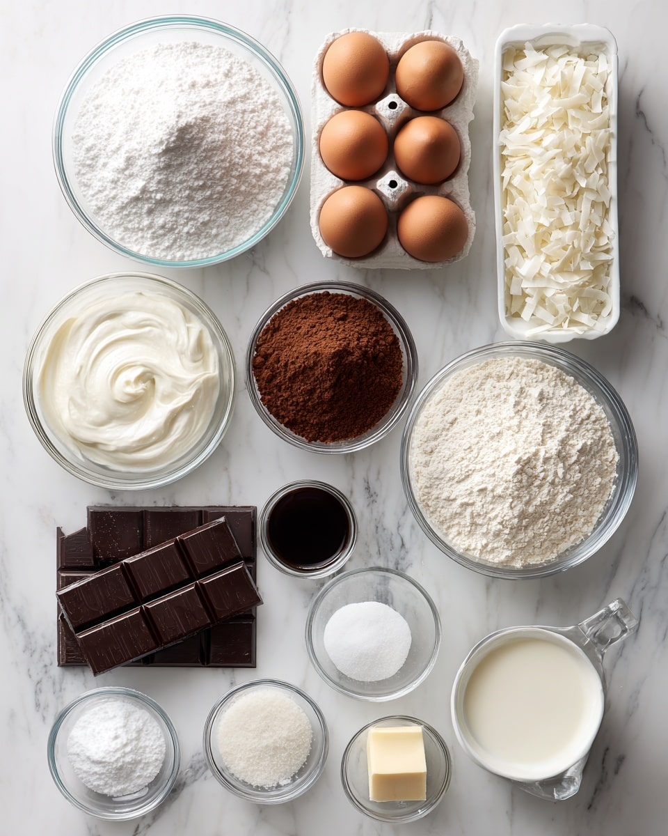 The image shows a top view of various baking ingredients neatly arranged on a white marbled surface. At the top left, there is a large clear glass bowl filled with white powdered sugar, next to it on the right is a white egg tray holding four brown eggs. Below the powdered sugar bowl, there is a smaller clear bowl with a thick white creamy substance, and to its right, a medium-sized clear bowl filled with brown cocoa powder. Below, a large clear bowl contains white flour, next to it on the right is a clear bowl with dark vanilla extract. Below the cocoa powder is a dark chocolate bar with grid patterns. Scattered below are several smaller clear bowls with white baking powders and soda, a small amount of white salt, a glass measuring cup with a clear liquid, a stick of butter in wrapper, a bowl of white sour cream or yogurt, a bowl with toasted coconut flakes, and a small glass of white milk. The setup is neat and bright, focused on showcasing each ingredient clearly for baking. Photo taken with an iphone --ar 4:5 --v 7