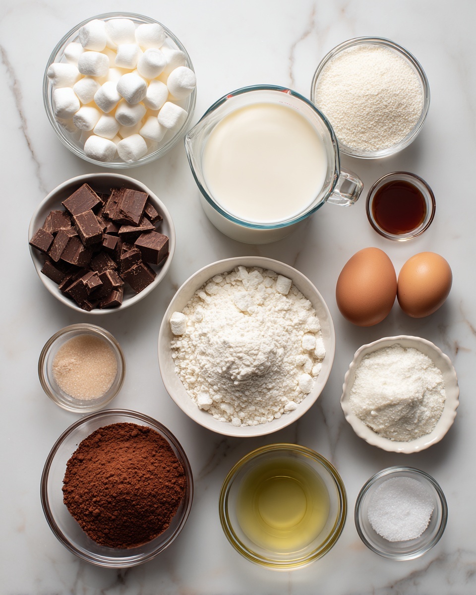 A top view of various baking ingredients placed on a white marbled surface. There is a large glass measuring cup with a white liquid at the center. Surrounding it clockwise are a white bowl filled with small round marshmallows, a glass bowl with chopped brown chocolate, a glass measuring cup with cream, a large white bowl containing white sugar, a glass bowl with cocoa powder, a small clear bowl with brown vanilla extract, two brown eggs in a clear glass bowl, a small glass bowl with light yellow oil, and a small clear bowl with white salt near the bottom. All the containers are clear or white bowls and cups, neatly arranged with space around each one. The background is a clean white marble texture. Photo taken with an iphone --ar 4:5 --v 7