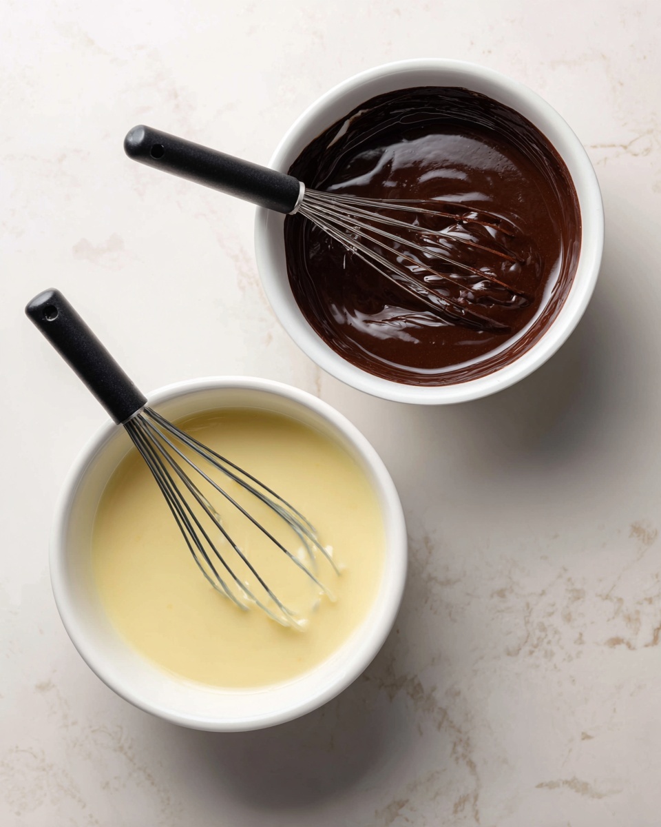 The image shows two white bowls on a white marbled surface, each containing a different mixture. The bowl on the left holds a light yellow, thin liquid with a smooth texture, and a whisk with a black handle rests inside it. The bowl on the right contains a thick, dark brown chocolate batter with a glossy finish, also with a whisk that has a black handle resting in the bowl. Both bowls have a clean, simple appearance and are positioned side by side for comparison photo taken with an iphone --ar 4:5 --v 7
