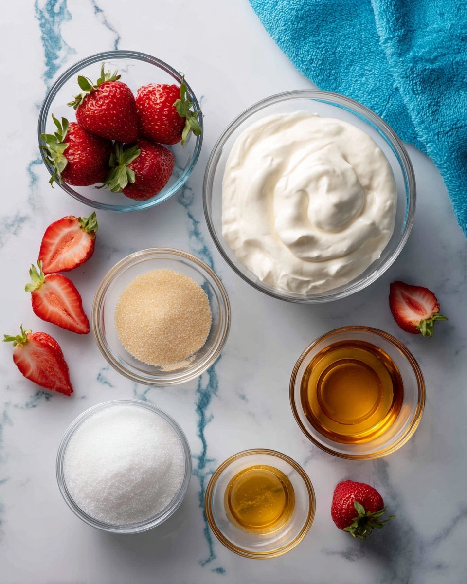 The image shows a top view of five small clear glass bowls and one white bowl placed on a white marbled surface. The largest glass bowl at the top right is filled with white cream that has a smooth and slightly foamy texture. Below it in the center is a small glass bowl with light brown granulated sugar, and to the right, another small glass bowl with golden liquid, likely vanilla extract. At the bottom left is a medium glass bowl filled with fine white granulated sugar, and next to it is an empty white bowl. Around these bowls, there are whole and sliced strawberries with red skin and green leaves, along with a bright blue cloth on the top right corner. Photo taken with an iphone --ar 4:5 --v 7