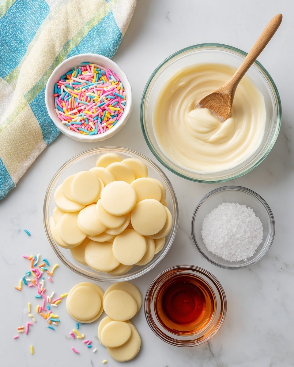 The image shows six small glass bowls placed on a white marbled surface. The largest bowl on the top right contains a creamy pale yellow liquid with a wooden spoon resting inside it. Below this bowl is another large bowl filled with many round, pale yellow discs. To the top left is a white small bowl filled with colorful, thin, cylindrical sprinkles in bright shades of pink, yellow, green, blue, brown, and white. Below the sprinkles is a small clear glass bowl with white salt crystals. To the right of the salt is another small bowl with a dark amber liquid. Scattered around the bowls are a few pale yellow discs and colorful sprinkles. A soft towel with blue, yellow, green, and white stripes is on the left edge of the image. photo taken with an iphone --ar 4:5 --v 7