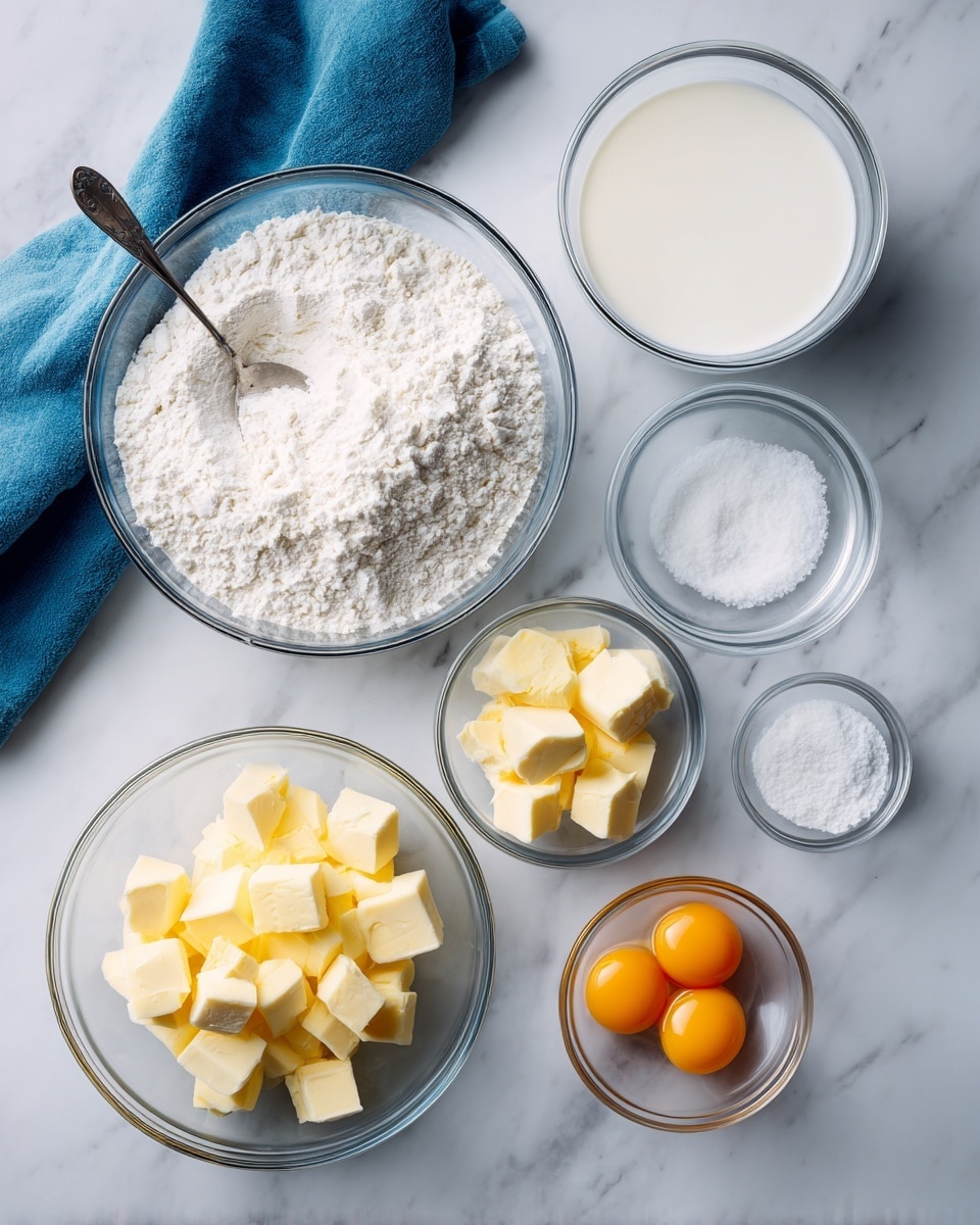 The image shows a white marbled surface with seven clear glass bowls arranged in a loose cluster. Starting from the left, there is a large bowl filled with white flour with a metal spoon inside. Above it, a medium bowl contains white milk. To the right of the flour bowl, a smaller bowl holds several pale yellow butter cubes. Below the butter, two small bowls contain a clear liquid and white salt, respectively. At the bottom right, a small bowl with two raw eggs, yolks bright orange, is placed near a tiny bowl of white baking soda. A blue cloth is partially visible on the upper left corner. Photo taken with an iphone --ar 4:5 --v 7